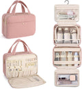 Hanke Hanging Travel Toiletry Bag for Women with Jewelry Organizer Compartment, Travel Essentials Toiletries and Makeup Bag, Water-Resistant & Stain-Resistant with Trolley Strap (Pink)