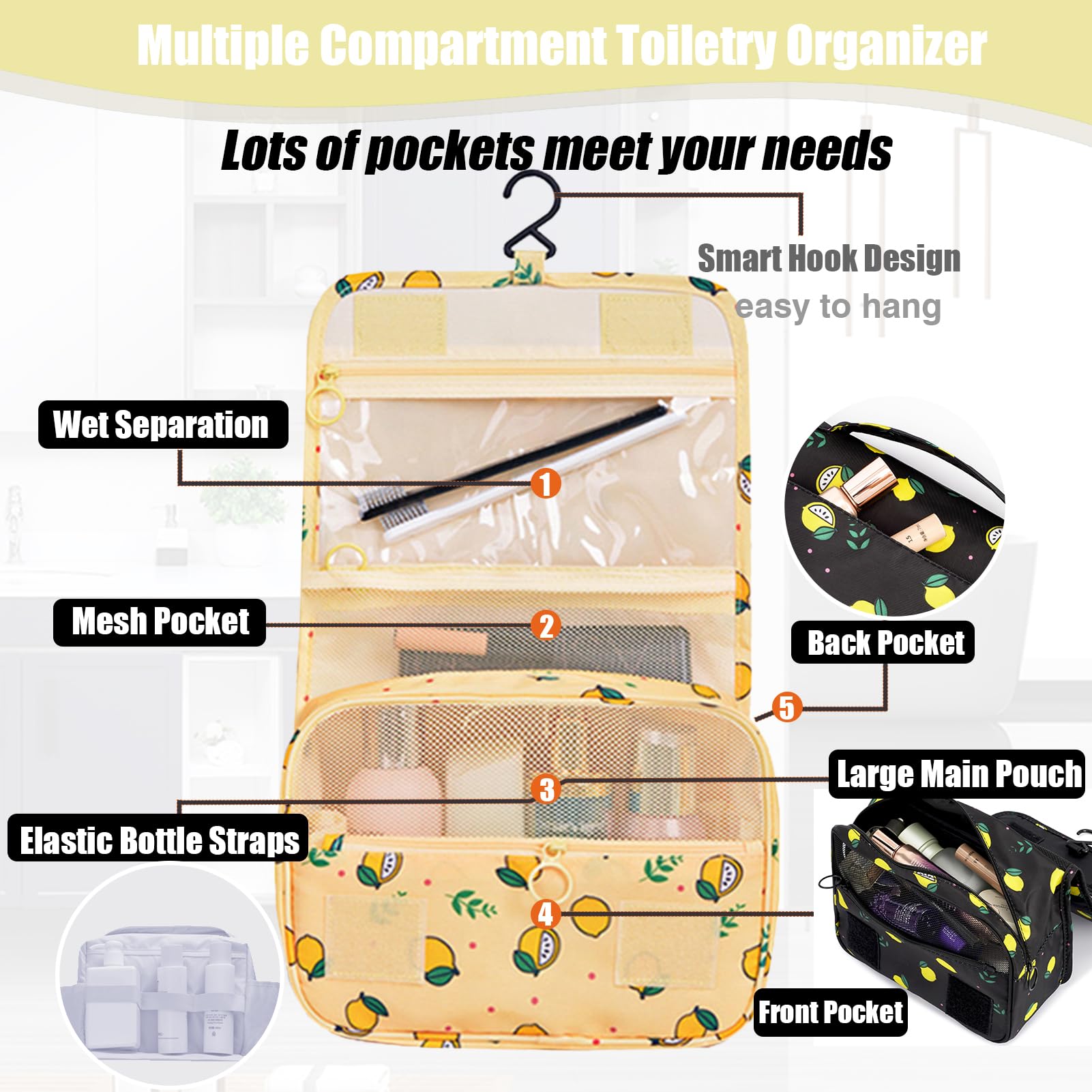 L&FY Hanging Travel Toiletry Bag Women's Cosmetic Organizer Makeup Pouch Men's Shaving Kits With Handle (Yellow Lemon)