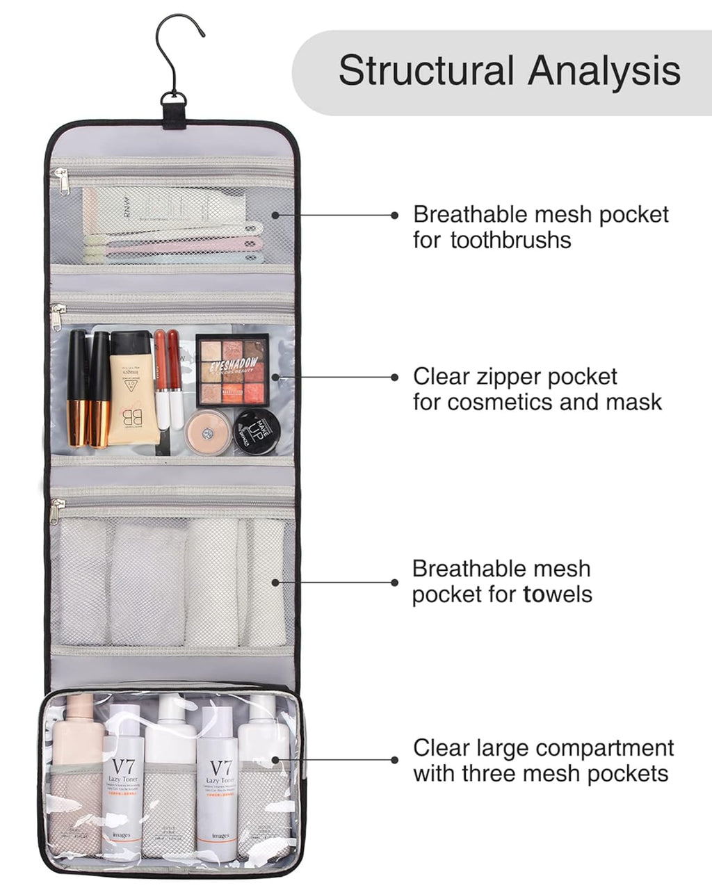 Relavel Travel Hanging Toiletry Bag for Men Women Travel Kit Shaving Bag Waterproof Large Makeup Bag Wash Bag Makeup Organizer Cosmetic Case for Bathroom Shower Black