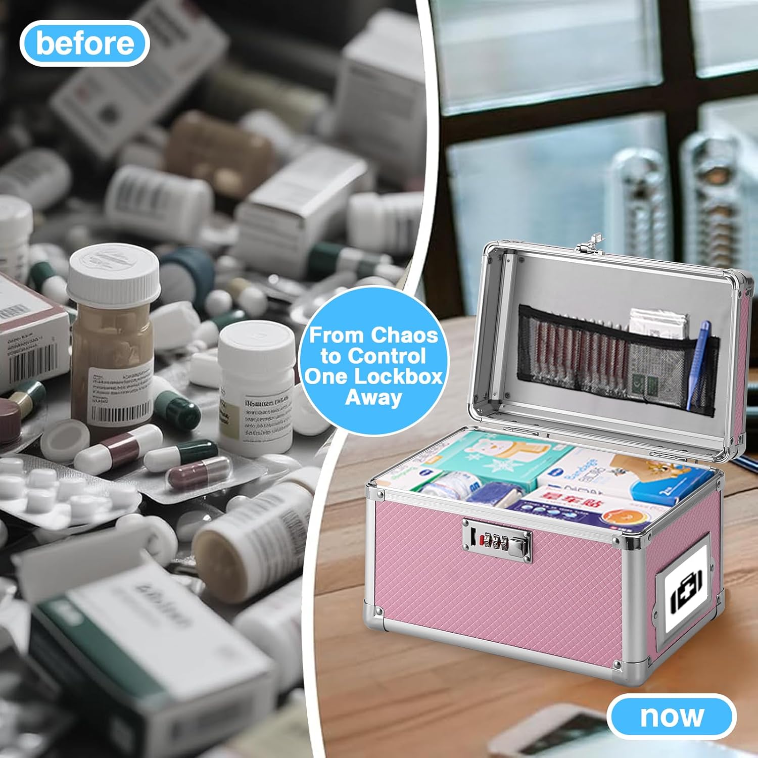 10.2 x 7 x 7.5 Inch Lockable Storage Box with Combination Lock, Portable Safe for Documents, Medicine, Cash & Valuables, Medicine Lock Box with Label Slot for Home, Office & Travel - Pink