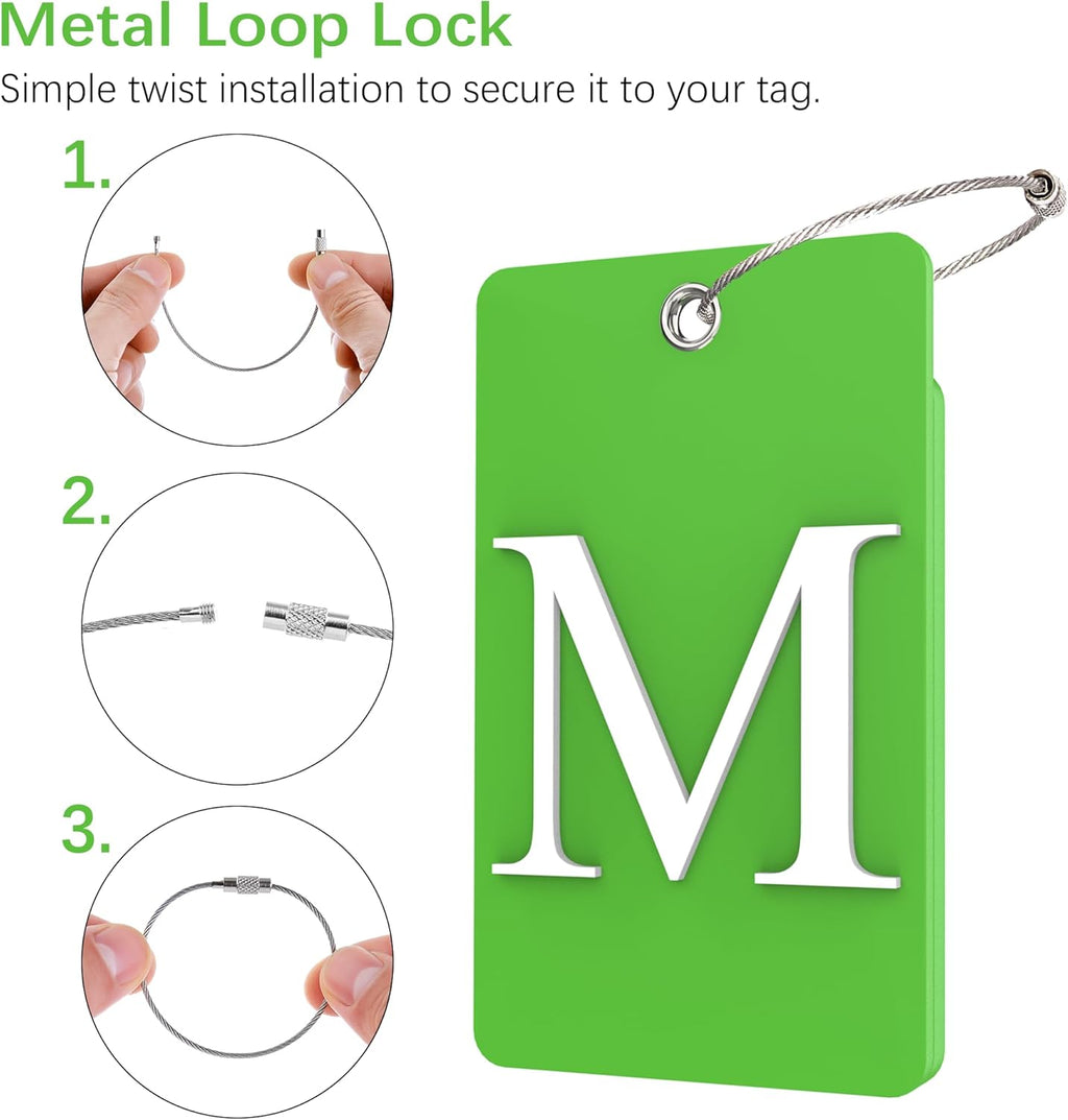 Gostwo 2 Pack Luggage Tags for Suitcases, 26 Initial Letter Travel Luggage Baggage Identification Labels ID Tag Fully Bendable Tags with Stainless Steel Loop (Green) (Letter M)