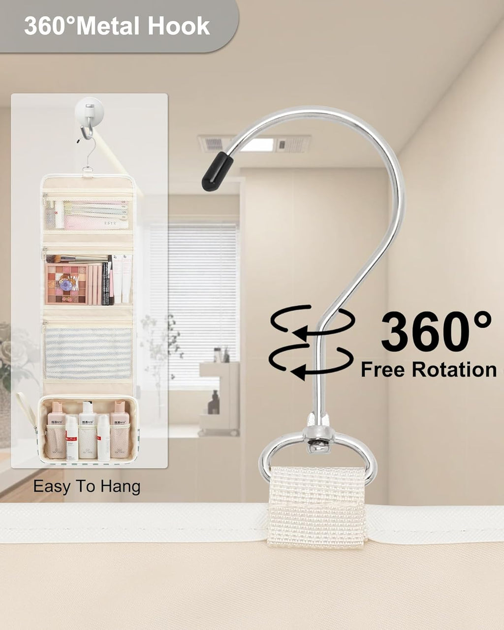 Relavel Travel Hanging Toiletry Bag for Women, Large Capacity Wash Bag with 360 degree Rotation Hanging Hook, Portable Toiletries Makeup Organizer Storage for Daily Use, Trip, Camping - Green Plaid