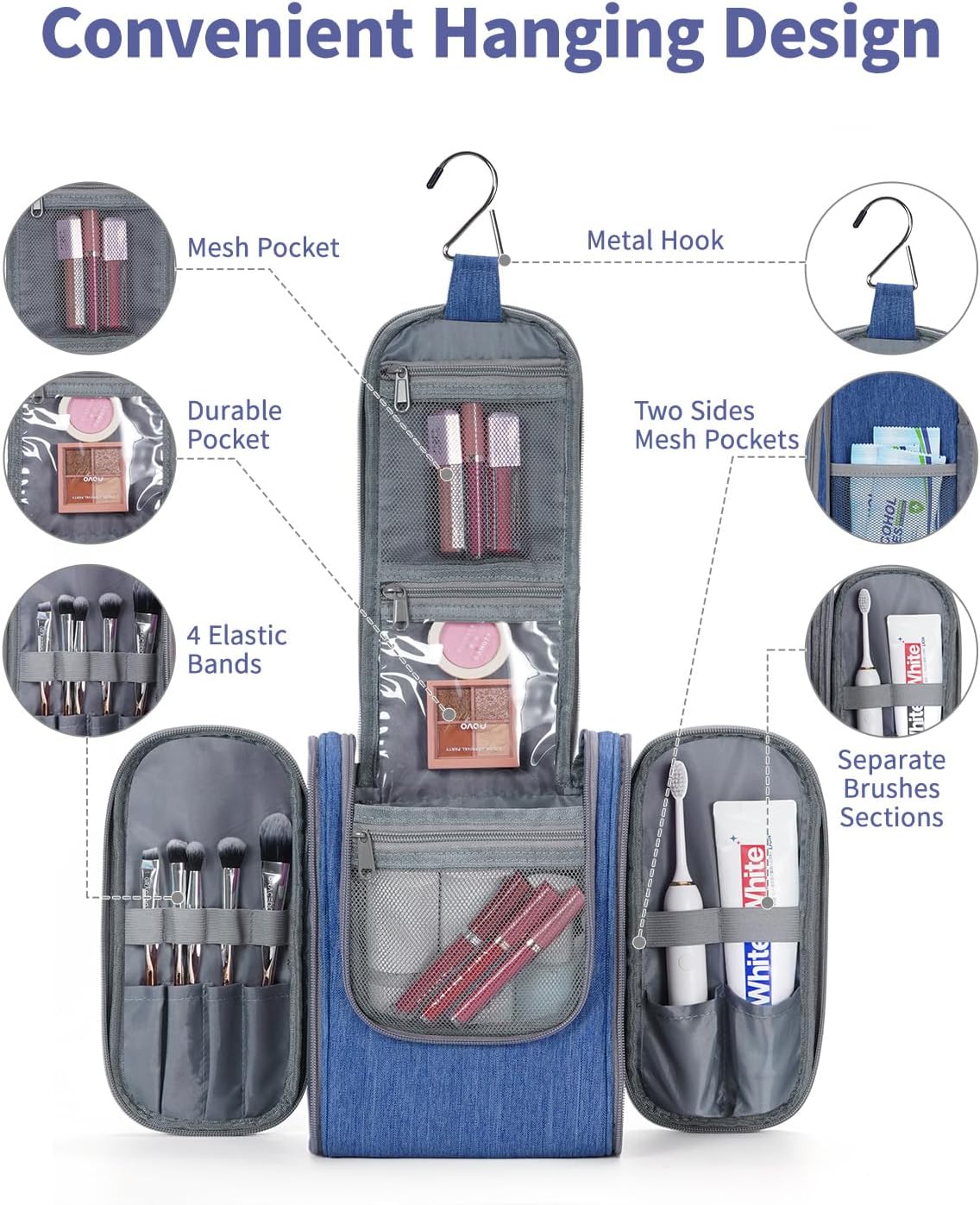 Narwey Small Hanging Travel Toiletry Bag Cosmetic Make up Organizer for Women and Men (Medium, Navy Blue)