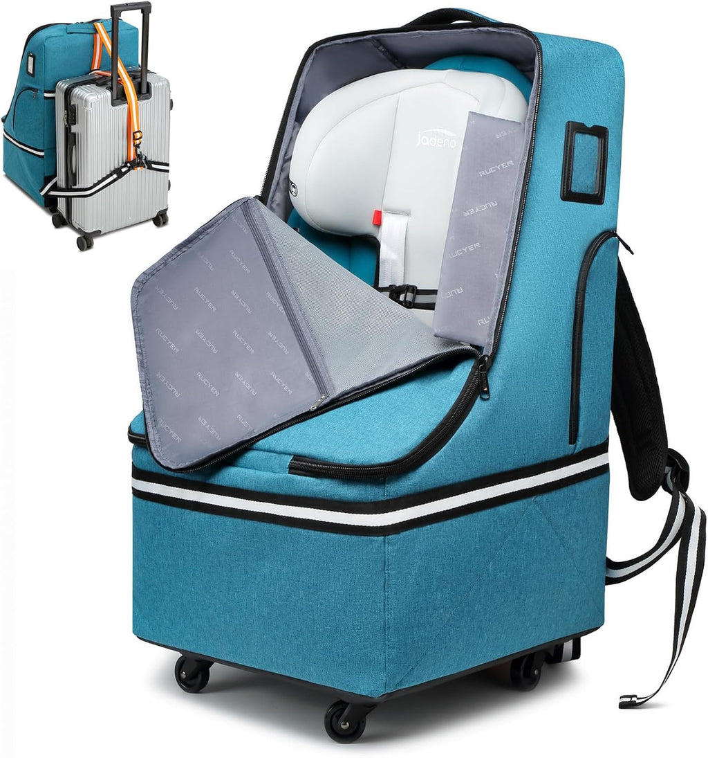 Rolling Car Seat Travel Bag, Padded Carseat Travel Backpack for Airplane,Large Durable Carseat Travel Bag with 4 Wheels,Adjustable Shoulder Strap and Waterproof Base Blue