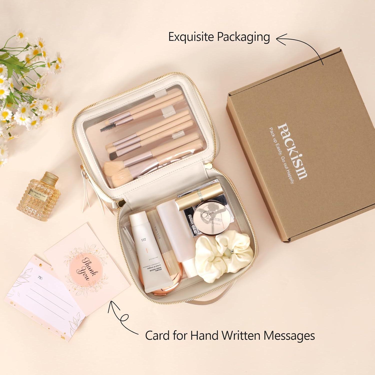 PACKISM Double Layer Clear Makeup Bag - Pebbled Texture & Hard PU Leather Car Bag Organizer for Car Essentials, with Message Card Travel Cosmetic Bag for Women Gift (Cream 2 Layer)