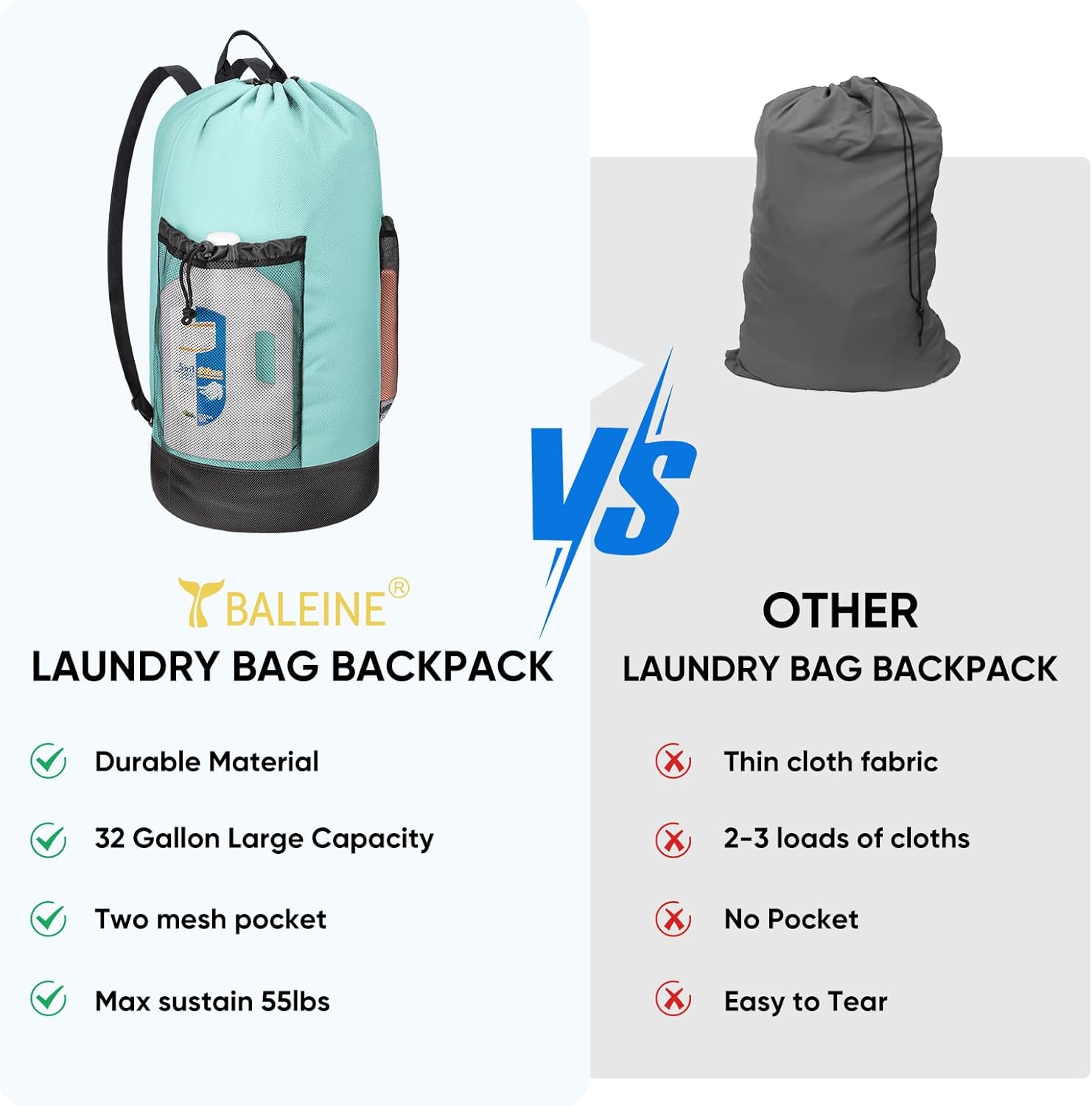 BALEINE 150L Laundry Bag Backpack, 900D Oxford Fabric Large Travel Laundry Bags with Shoulder Straps and 2 Mesh Pockets for College Dorm, Apartment, Laundromat (Sky Blue, 150L)