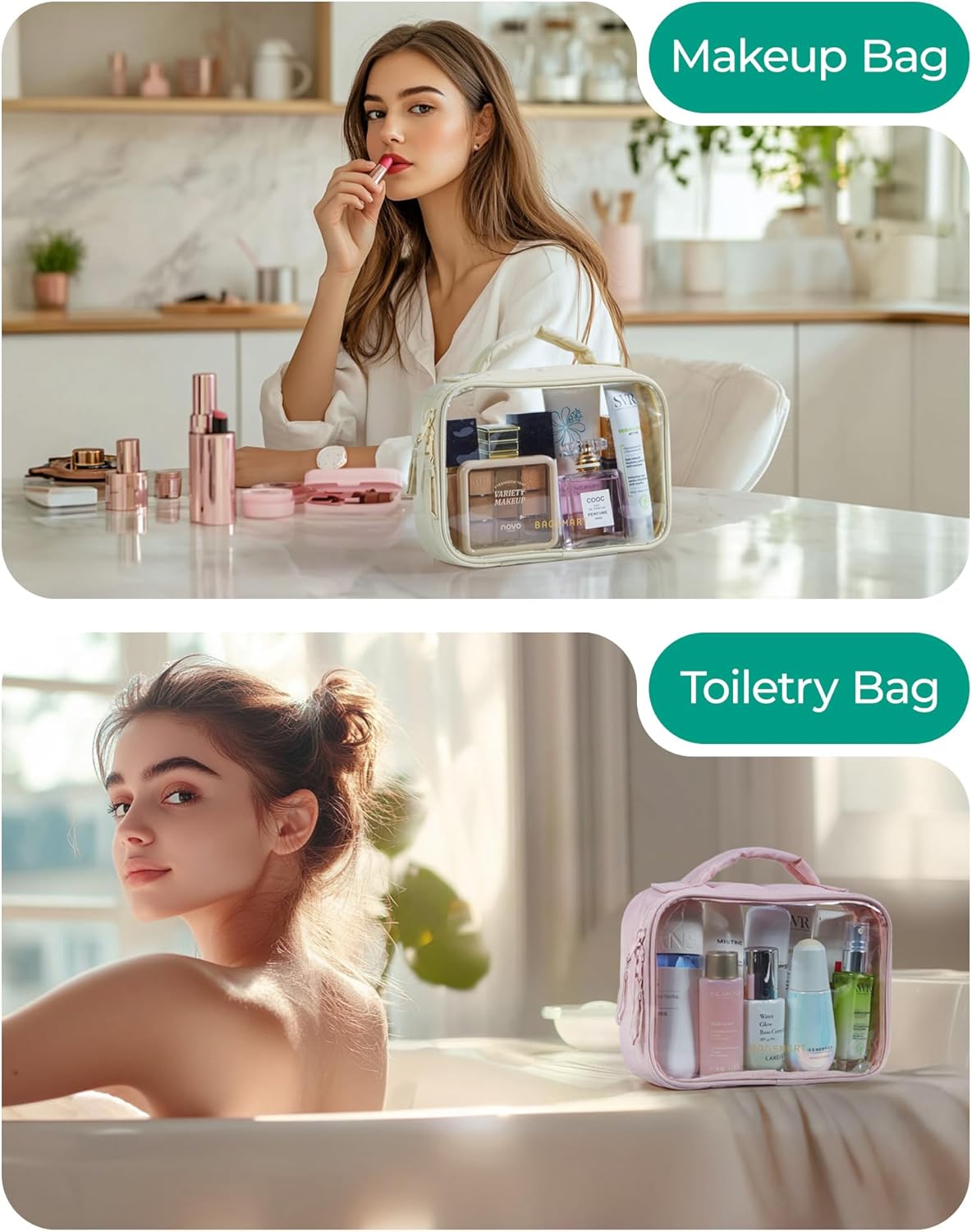 BAGSMART Clear TSA-Approved Toiletry Bag, Puffy Edges Travel Makeup Bag, Large Opening with Handle, Clear Cosmetic Bag with Double Zipper for Women