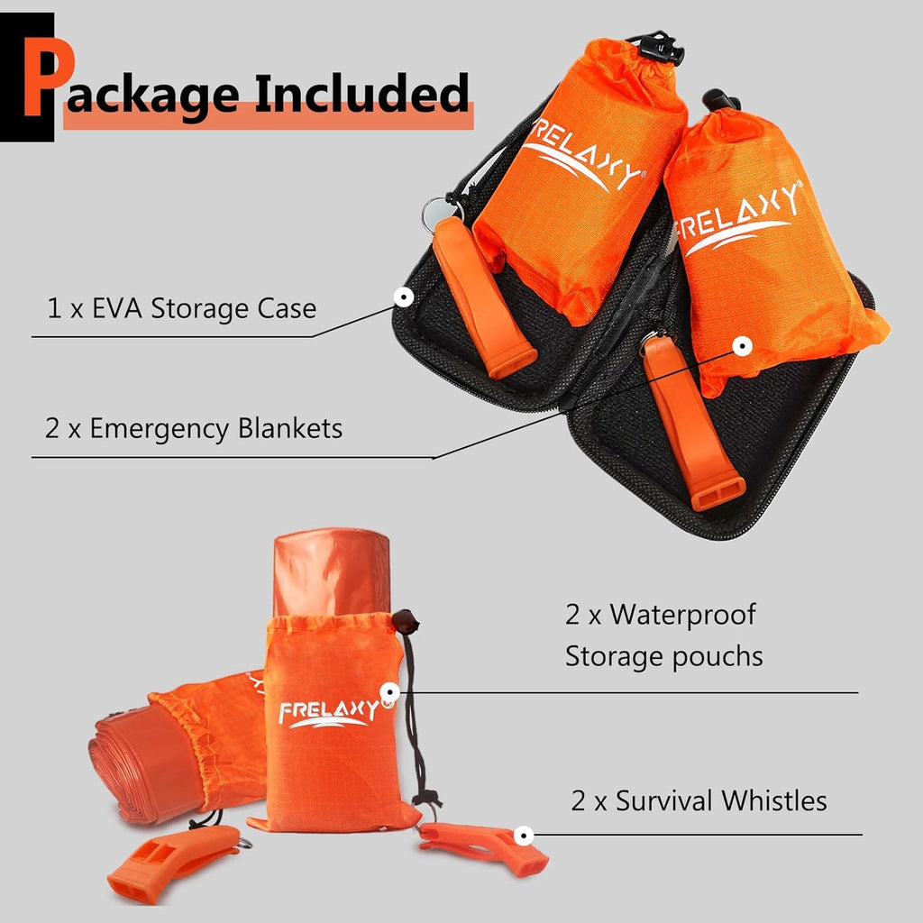 Frelaxy Emergency Blanket 2-Pack/4-Pack, Extra-Thick Extra-Large Space Blankets with Whistles, Storage Pouchs, and EVA case
