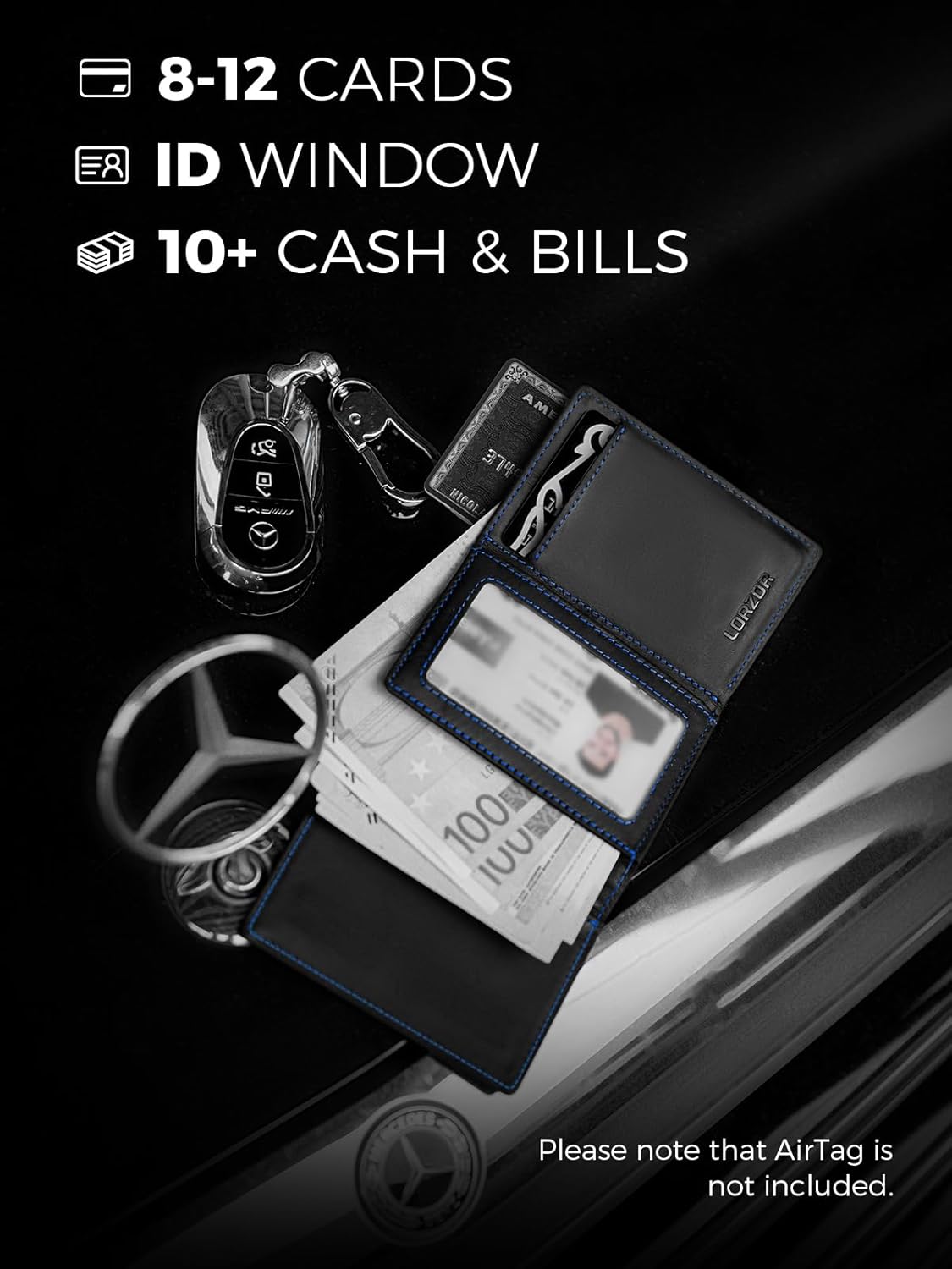 LORZOR Minimalist Wallet for Men with Credit Card Holder, Finest Full Grain Leather, Pop up Smart Wallet, Trifold Slim Wallet, RFID Blocking, Front Pocket, ID Window