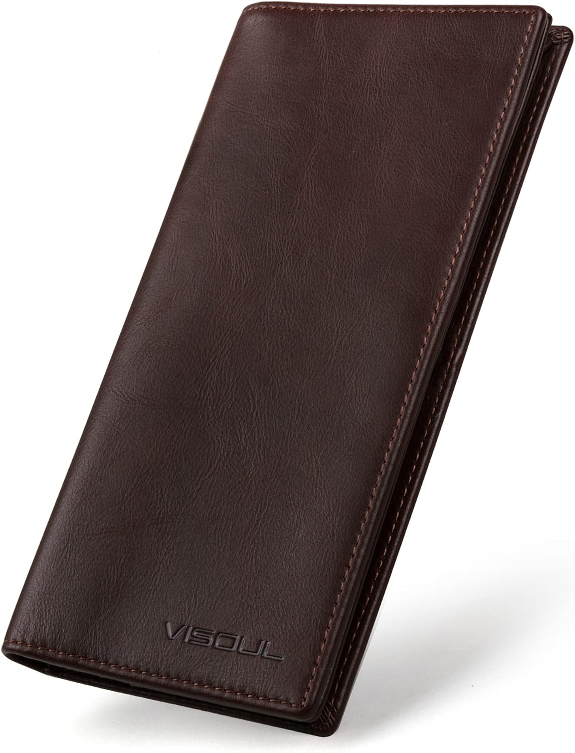 VISOUL Mens Leather Long Checkbook Bifold Wallets with RFID Blocking, Breast Pocket Tall Billfold Secretary Wallet for Men with Card Slots (Coffee)