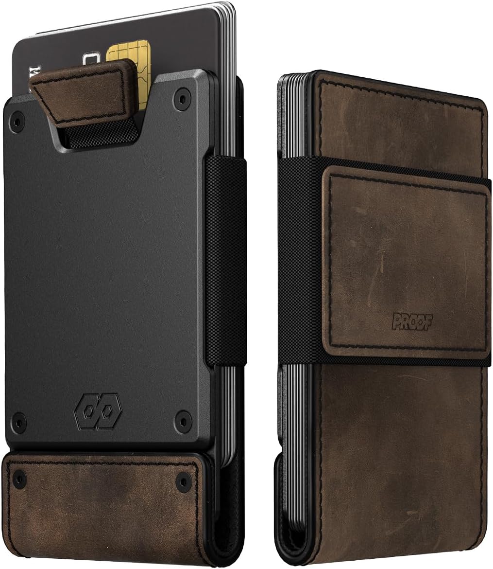PROOF Wallet | Slim Minimalist Wallets for Men | Leather & Metal | RFID Wallet | Front/Back Pocket | Gift Box | Veteran Owned