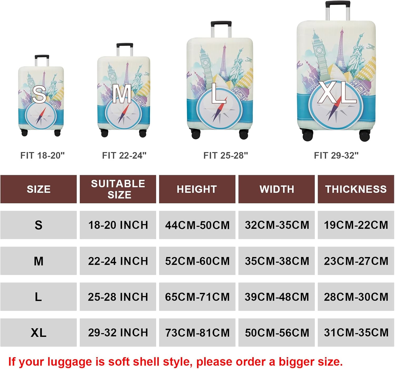 WUJIAONIAO Travel Luggage Cover Spandex Suitcase Protector Washable Baggage Covers (M (for 22-24 inch luggage), compass)