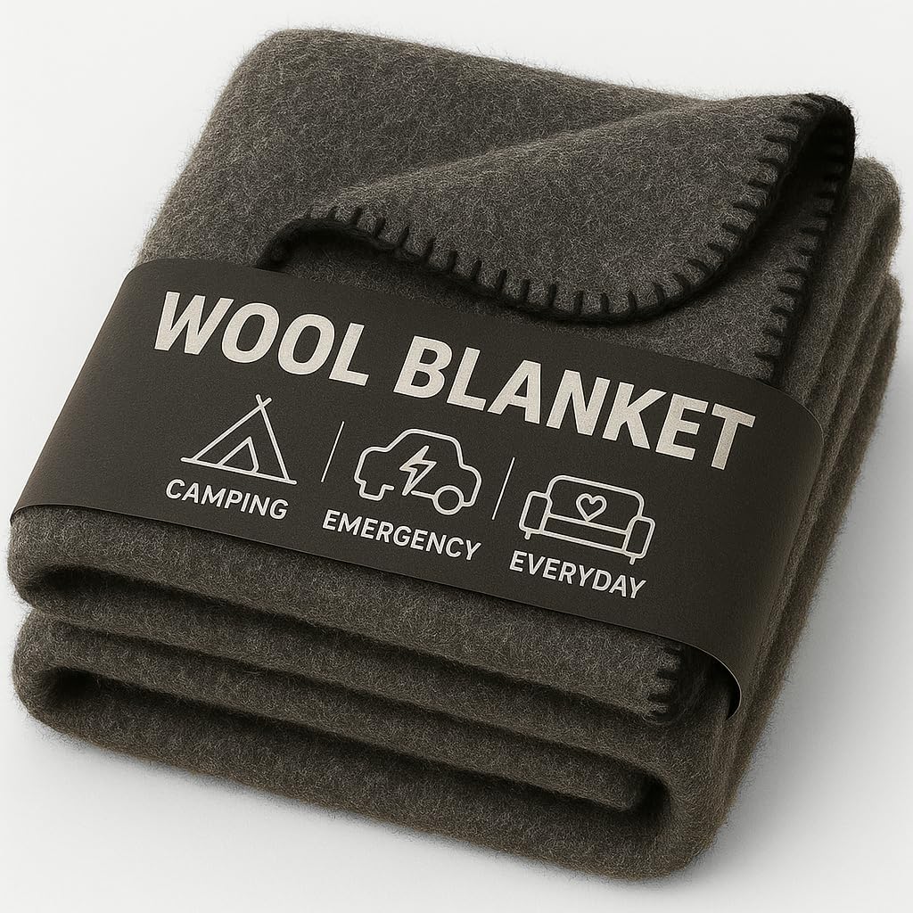 Wool Camping Blanket – 70% Wool Heavy-Duty Military Style Throw, Warm & Washable, Fire Retardant Cover for Emergency, Survival & Outdoor Use – Perfect for Camping, Car, Home & Hiking, Grey 62x84