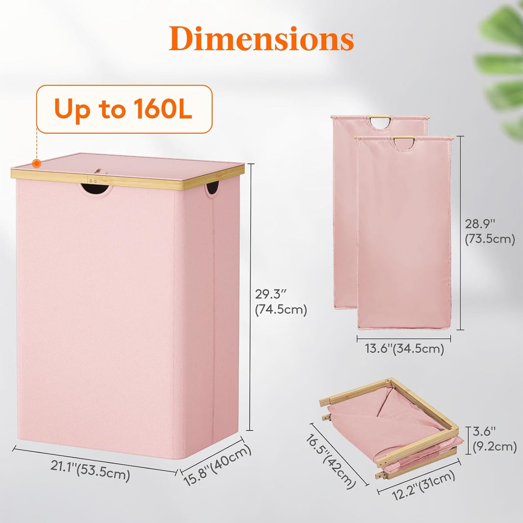 Lifewit 160L Double Laundry Hamper with Lid, Extra Large Bamboo Laundry Basket Dirty Clothes Hamper, 2 Section Laundry Bin Organizer for Laundry Room Bedroom with 2 Removable Liners & Bags, Pink
