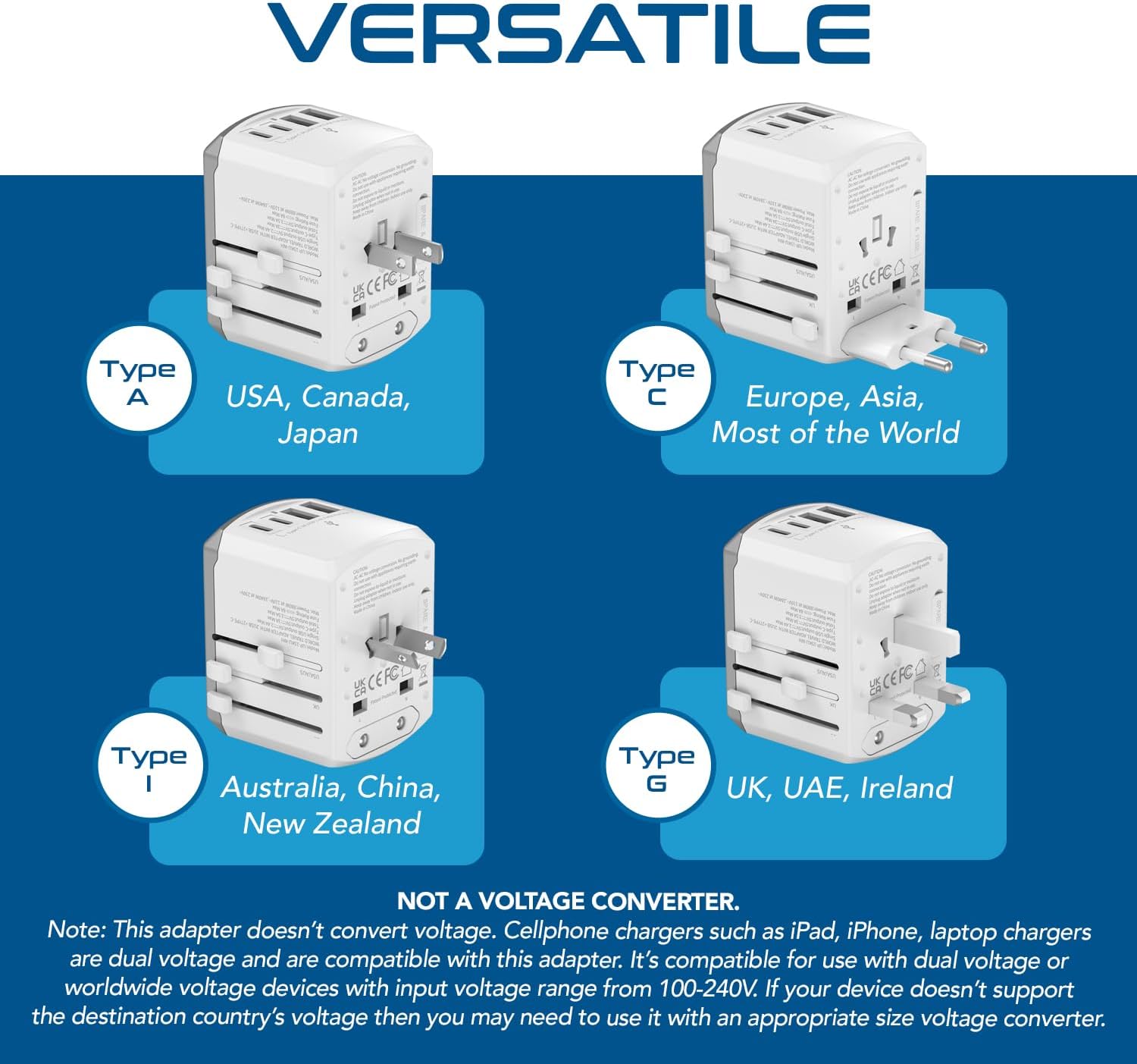 Ceptics Universal Travel Adapter 17.5W, 5 in 1 Universal Laptop Charger with 2X USB-A & USB-C 3.5A for Mobiles, Laptops, Cameras US, UK, EU, AU, All in 1 Type A, C, G, I Output, White