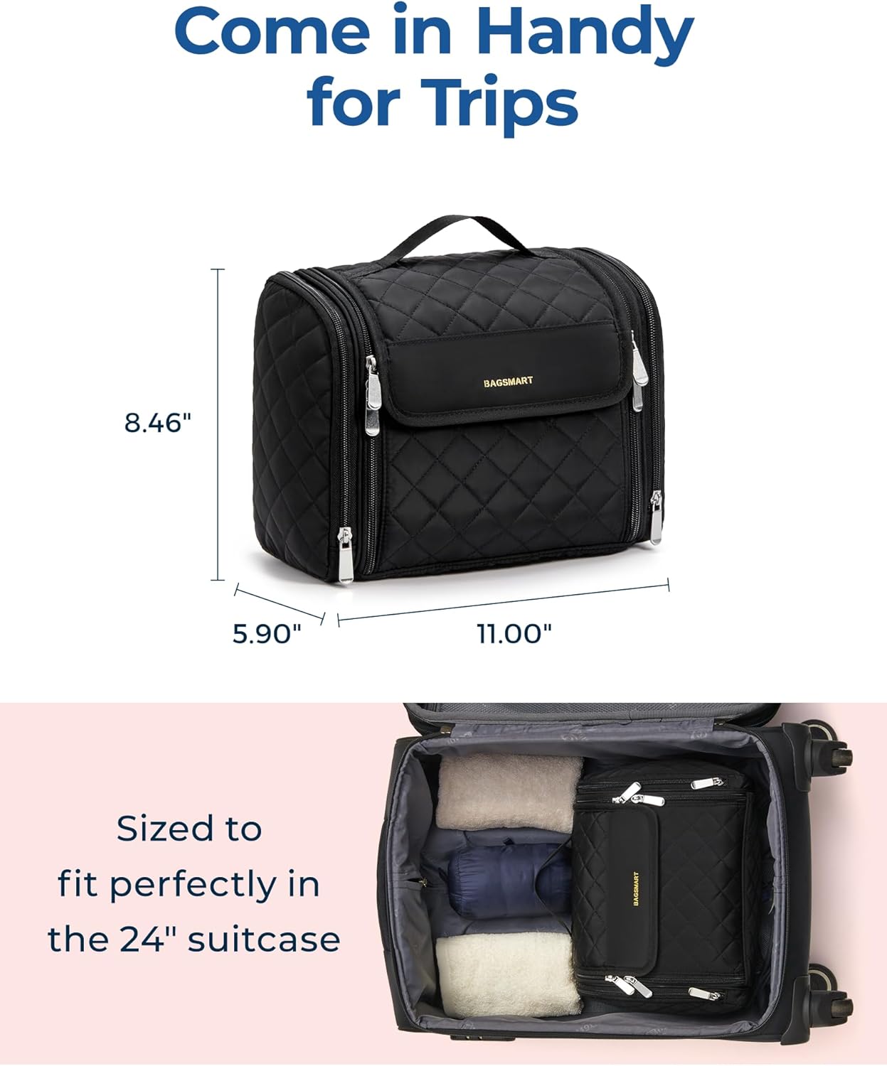 BAGSMART Makeup Bag for Women with Hanging Hook, Large Portable Capacity Water-resistant Organizer Travel Case for Toiletries and Cosmetics, Blue