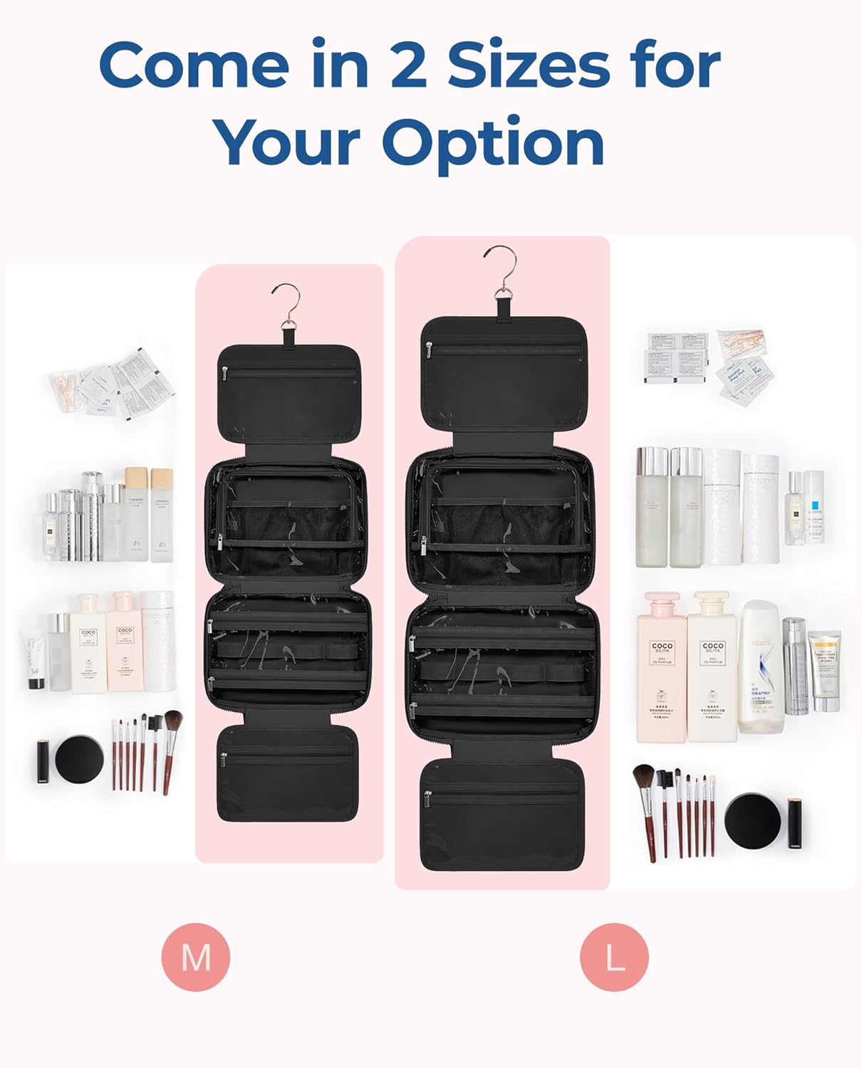 BAGSMART Travel Toiletry Bag with Jewelry Organizer, Hanging Travel Bag for Toiletries, Puffy Makeup Cosmetic Bag Organizer, Carry-on Travel Accessories Essentials, Black-L