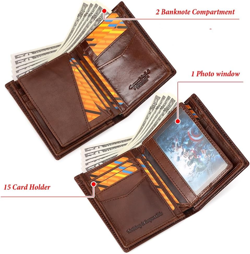 Holder for AirTag Men's Wallet Genuine Leather Purse RFID Blocking Bifold with Anti-Theft Chain,Brown with Gift Box (Brown)