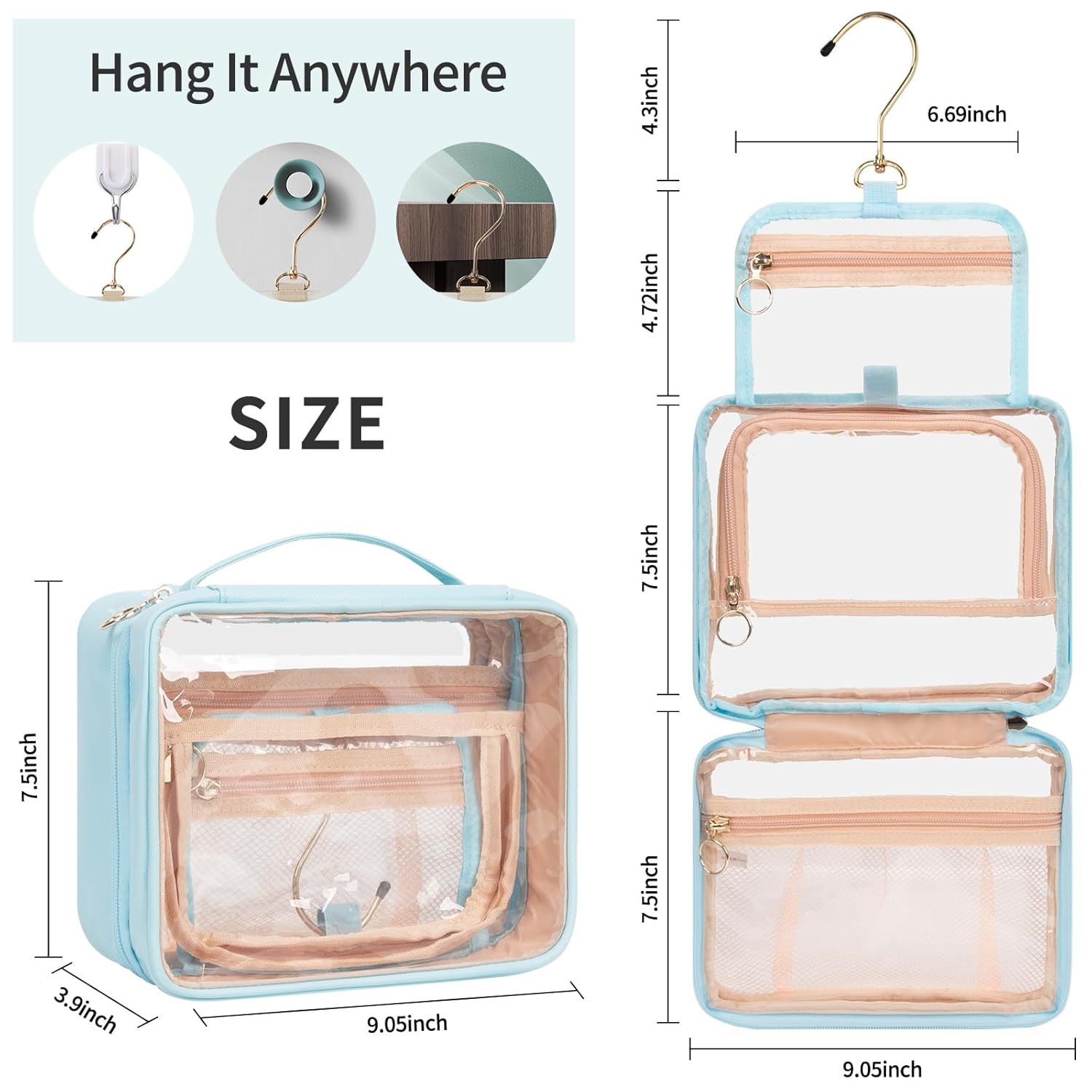 CUBETASTIC Hanging Travel Toiletry Bag, Clear Makeup Bag, Transparent 3 Comparment Small Travel Bag Cosmetic Organizer Case Portable Skincare Pouch with Handle (Blue, Small (Pack of 1))