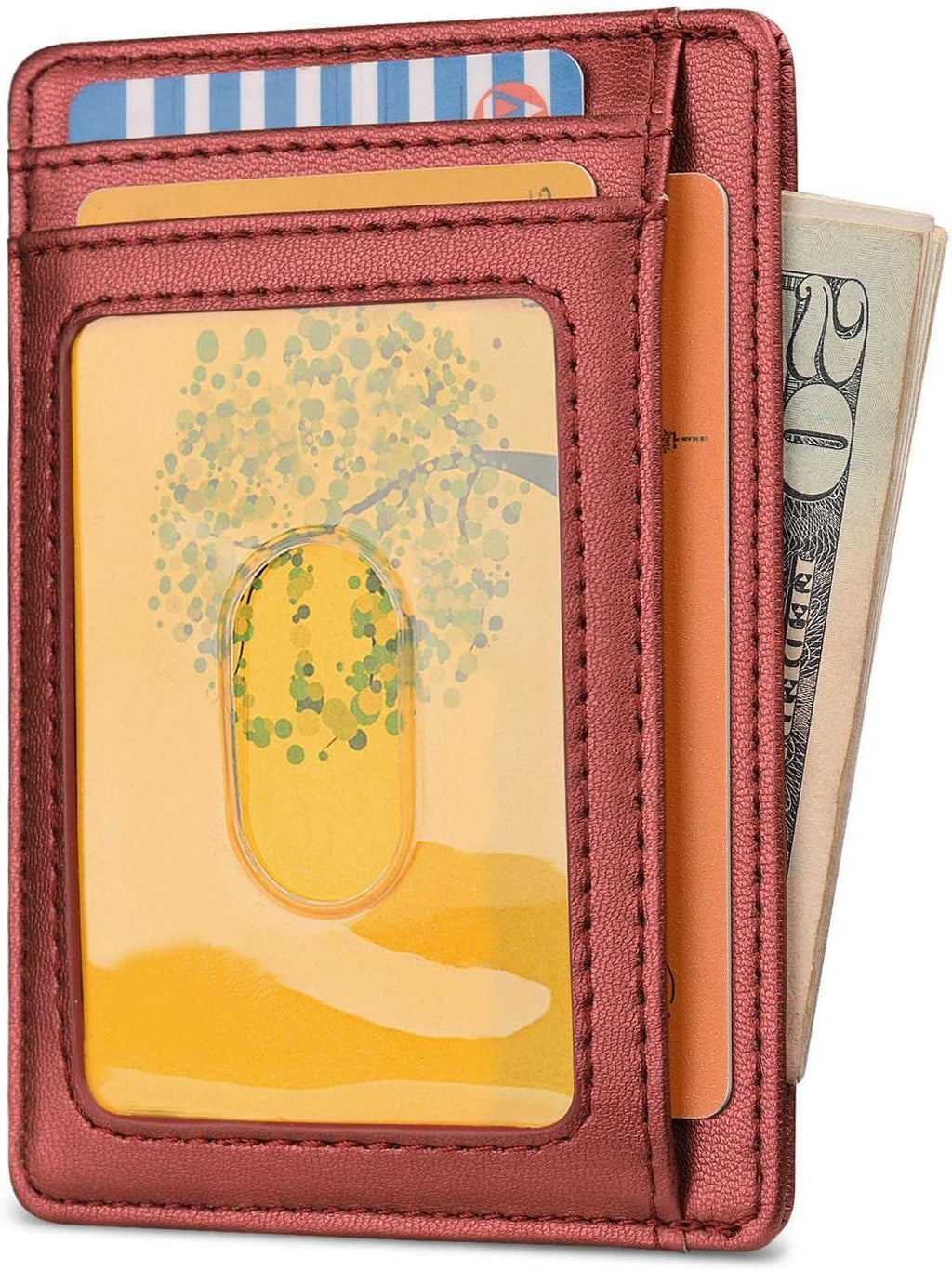 Buffway Slim Minimalist Front Pocket RFID Blocking Leather Wallets for Men and Women - Sand Rose Gold