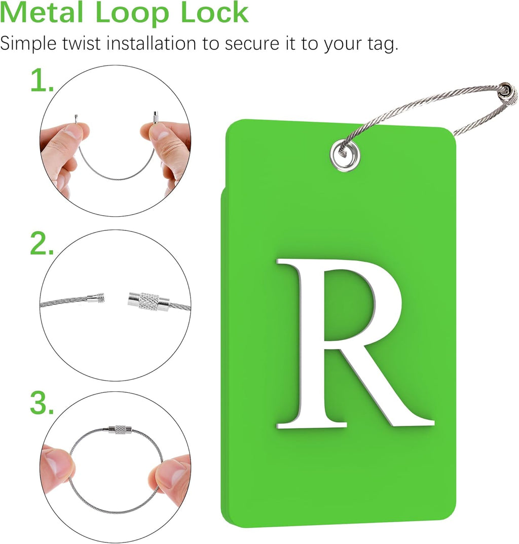 Gostwo 2 Pack Luggage Tags for Suitcases, 26 Initial Letter Travel Luggage Baggage Identification Labels ID Tag Fully Bendable Tags with Stainless Steel Loop (Green) (Letter R)