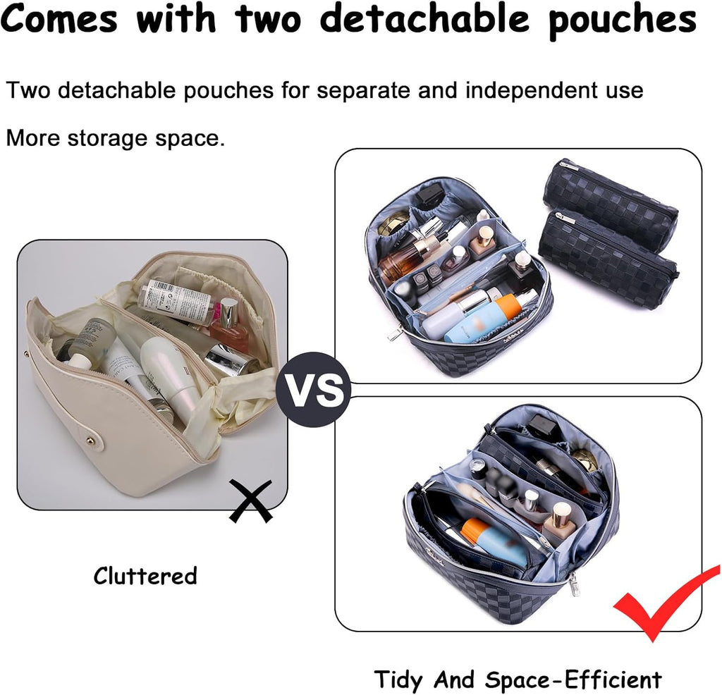 Travel Makeup Bag Organizer Cosmetic Bag: 3 Pcs Set Make up Bags for Women with Handle - Waterproof Vegan Leather Toiletry Bags with Comparments (C-12-Dark Blue)