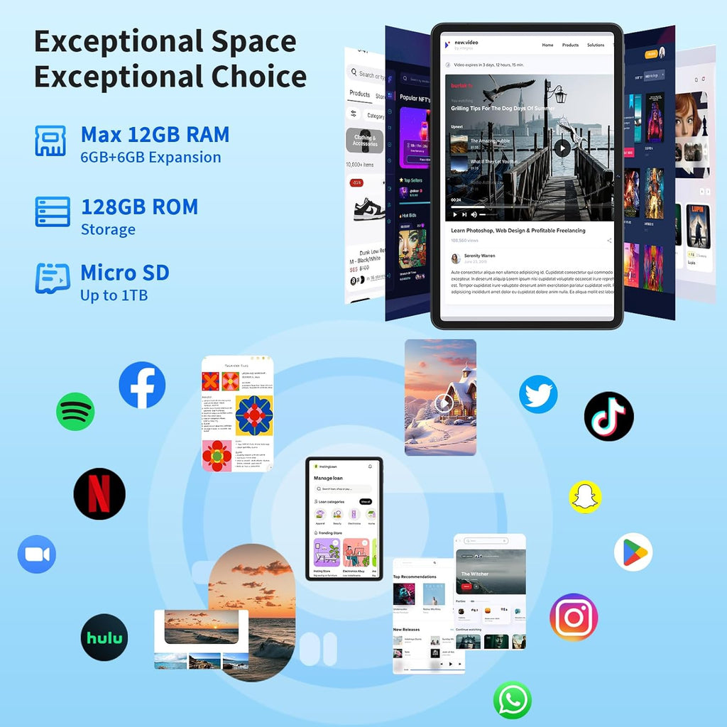 Android 14 Tablet with Keyboard, 12GB RAM (6+6), 128GB Storage, 1TB Expandable, 8000mAh Battery, 10 Inch 2-in-1 Tablets, Includes Case, Mouse & Stylus（Black）