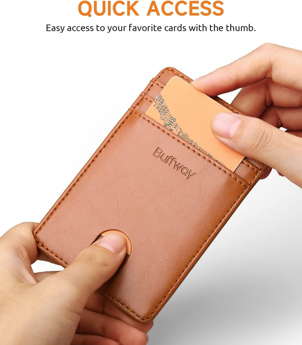 Buffway Mens Slim Wallet, Minimalist Thin Front Pocket Leather Credit Card Holder with RFID Blocking for Work Travel