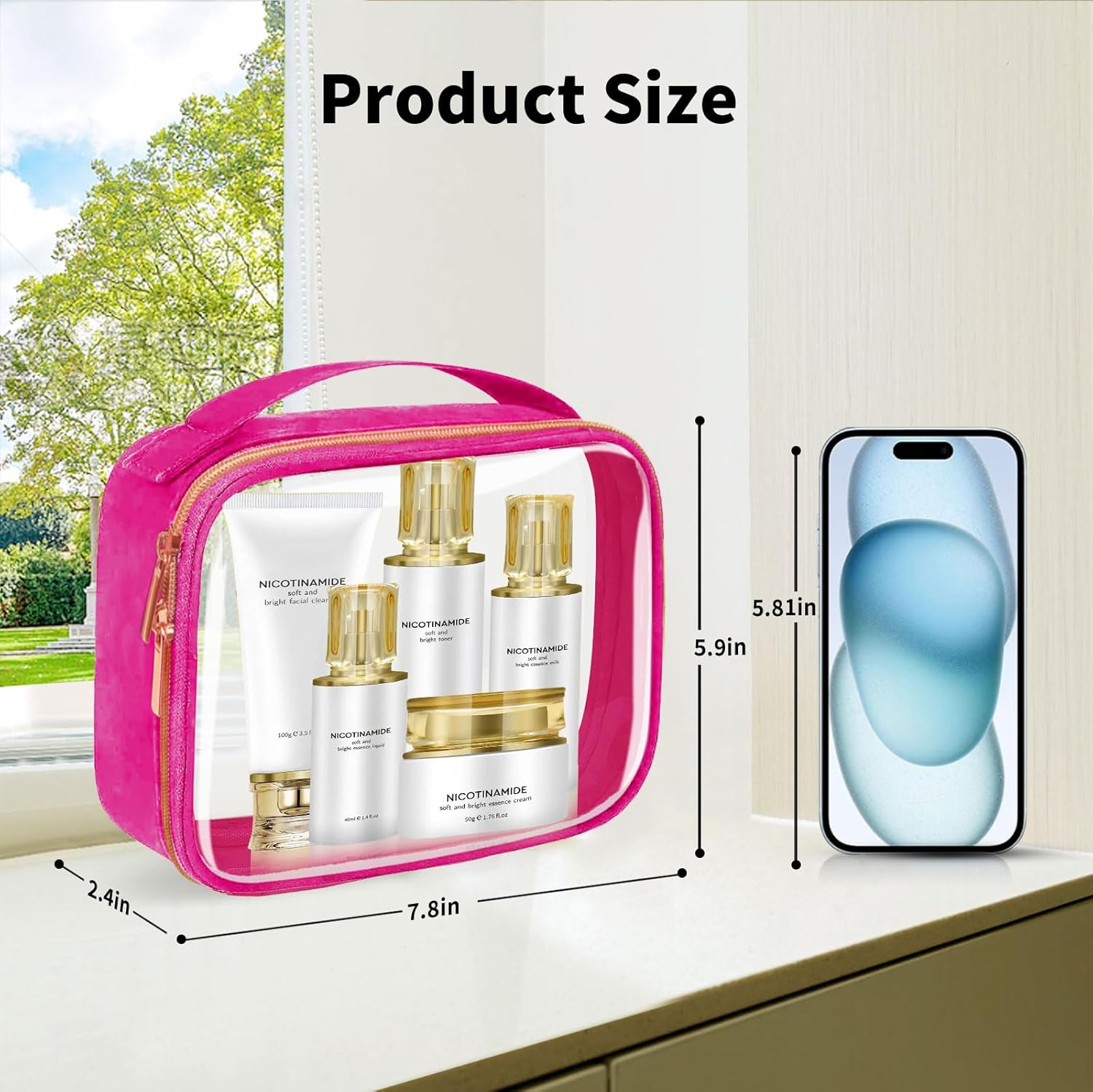 TSA Approved Travel Toiletry Bag,2 Pack Clear Makeup Bags with Handles,Quart Size Clear Cosmetic Bags for Traveling Women,Men,Carry on Airport Airline Compliant Bag,Rose Red