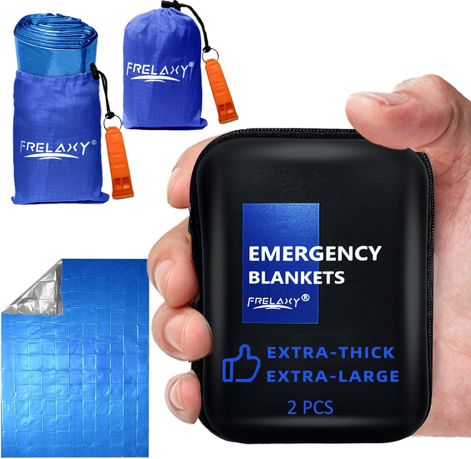Frelaxy Emergency Blanket 2-Pack/4-Pack, Extra-Thick Extra-Large Space Blankets with Whistles, Storage Pouchs, and EVA case