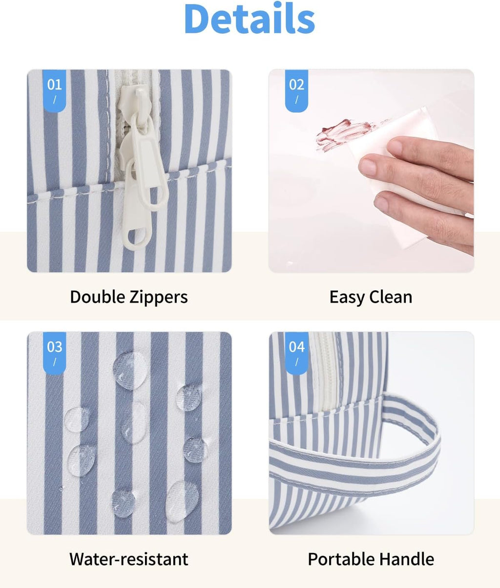 Narwey Clear Toiletry Bags for Traveling Women Men, Clear Travel Bags for Toiletries Makeup Bag Cosmetic Bag with Zipper, Make Up Organizer, Skincare Bag (Greyish Blue Stripe)