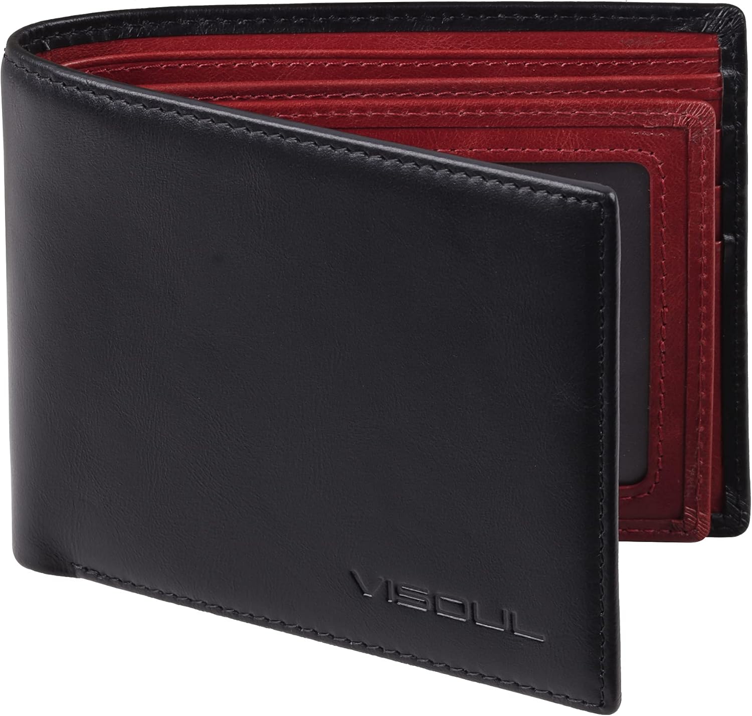 VISOUL Mens Bifold Wallet with 2 ID Windows and 2 Money Compartments, Genuine Leather Designer Wallet with RFID Blocking for Men Two Tone (Black and Burgundy)