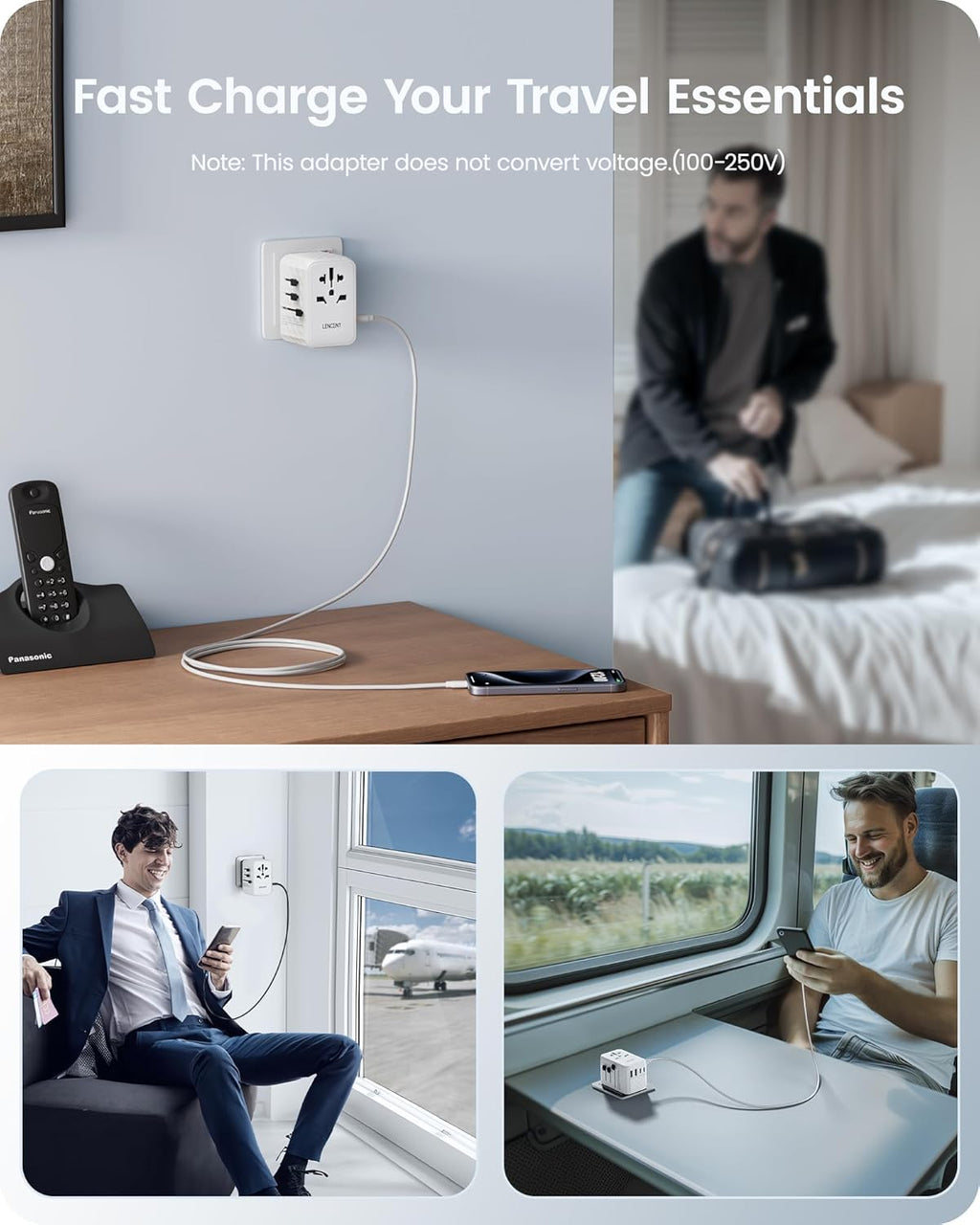 LENCENT 65W International Travel Adapter, Universal Travel Adapter with 2 QC USB-A & 3 PD3.0 Type C Power Outlet, Fast Charging for Phone,Laptops, All-in-One Outlet Converter for USA/UK/EU/AUS, White