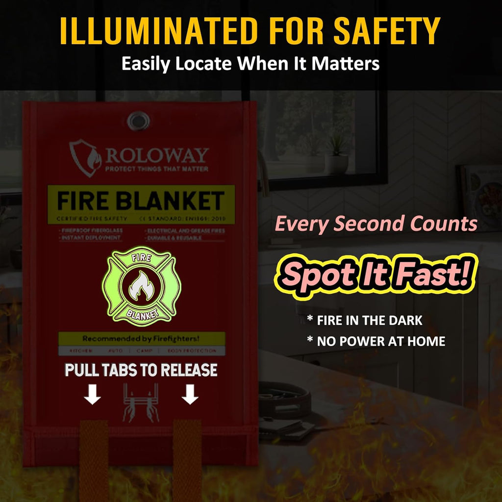ROLOWAY Emergency Fire Blanket for Home and Kitchen, Fire Blankets Emergency for Home Safety (40 x 40 Inch) with Hooks, Gloves, Fire Suppression Blanket with Emergency Whistle for Fire Safety (2 Pack)