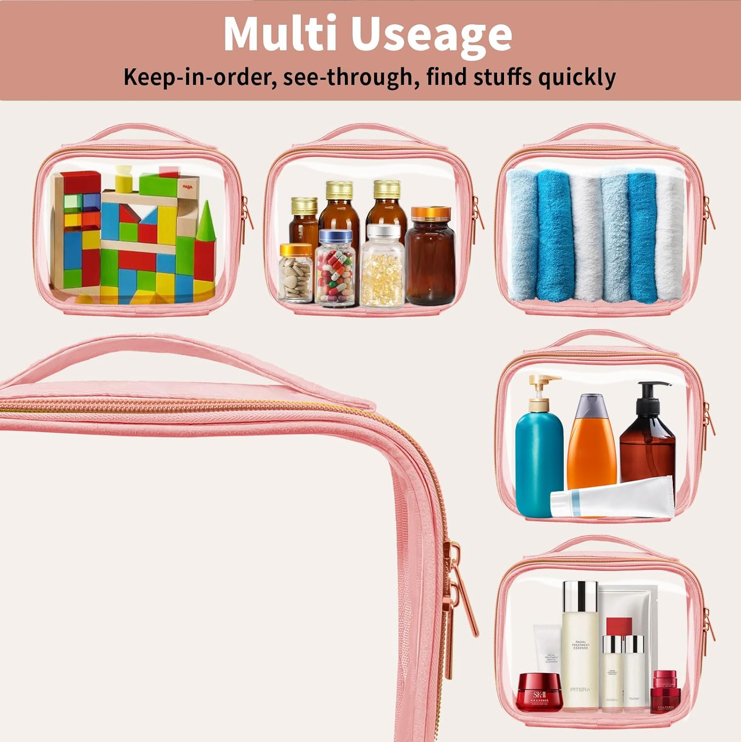 TSA Approved Travel Toiletry Bag,3 Pack Clear Makeup Bags with Handles,Quart Size Clear Cosmetic Bags for Traveling Women,Men,Carry on Airport Airline Compliant Bag,Pink