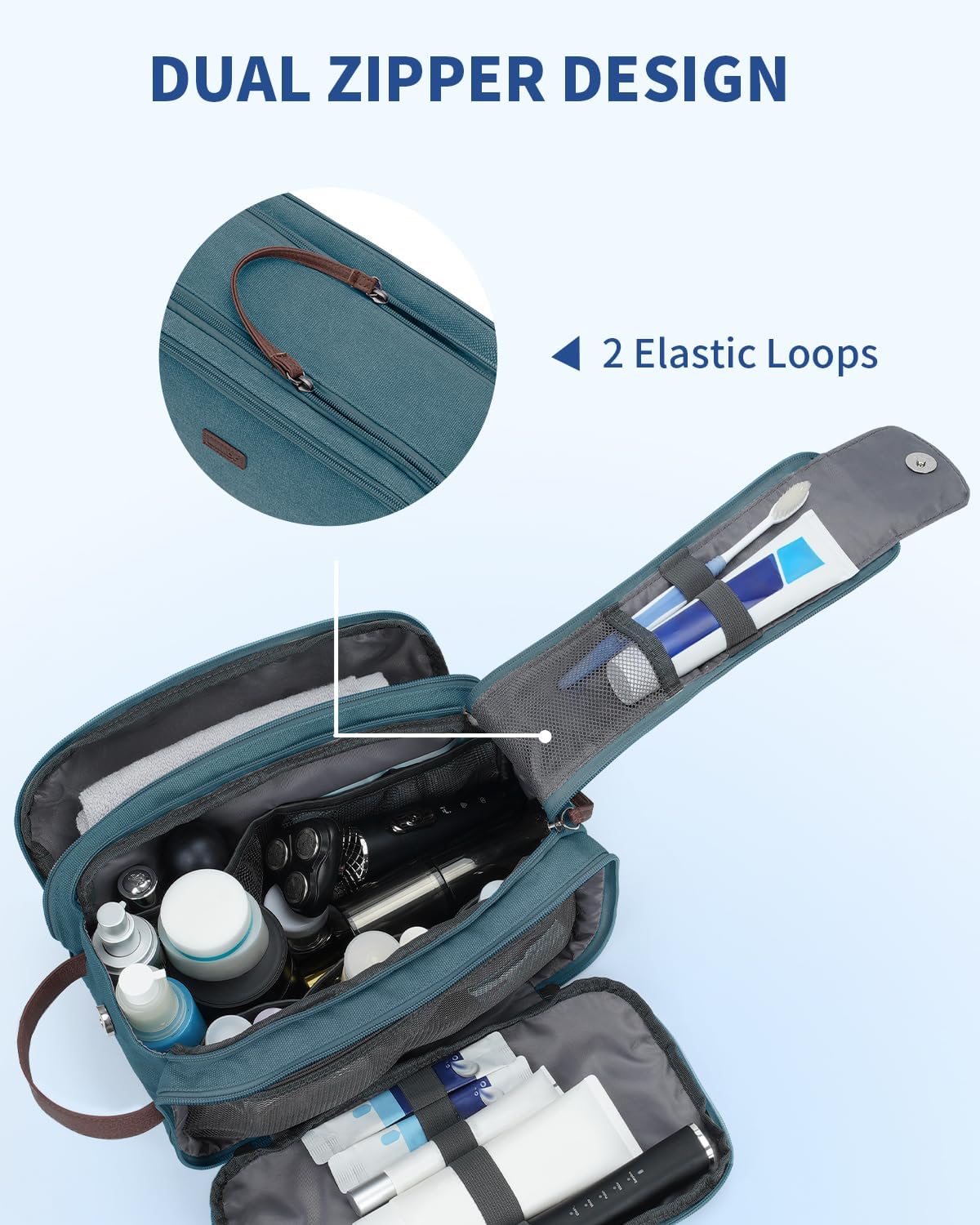WANDF Toiletry Bag for Men Travel Toiletry Organizer Canvas and Leather Dopp Kit Water-Resistant Shaving Bag for Travel Accessories (Blue-Green, Large)