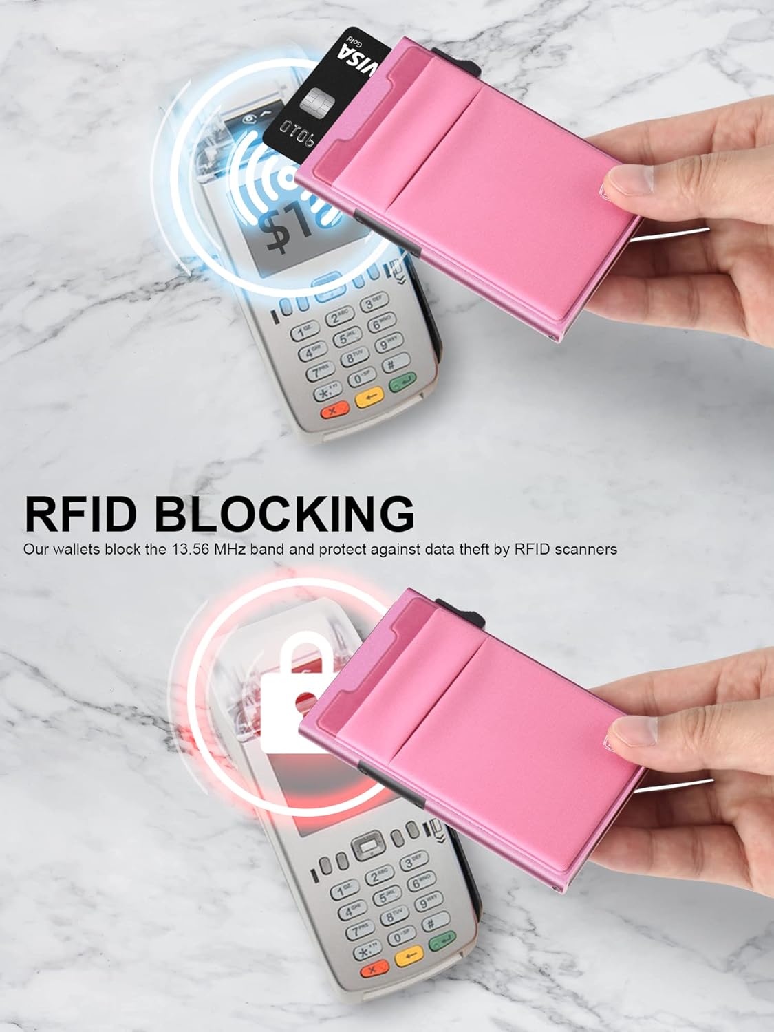 Slim Front Pocket Wallet,Pop Up Card Holder Wallets for Men and Women Aluminum Compact Wallets with RFID Blocking,Small Ultralight 6-12 Card Capacity Metal Wallets,Pink