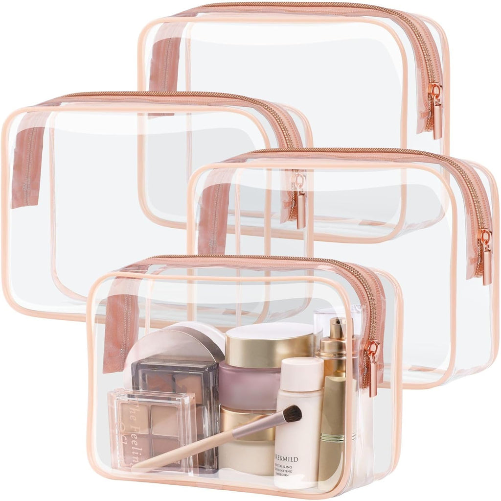 PACKISM Clear Makeup Bag - 4 Pack TSA Approved Toiletry Bag Waterproof Quart Size Travel Bag, Clear Cosmetic Bag for Women, Carry on Airport Airline Compliant Bag, Rose Pink
