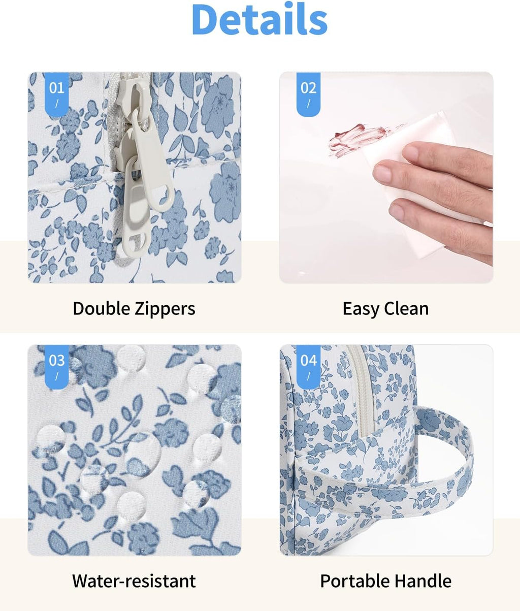 Narwey Clear Toiletry Bags for Traveling Women Men, Clear Travel Bags for Toiletries Makeup Bag Cosmetic Bag with Zipper, Make Up Organizer, Skincare Bag (Little Blue Flower)