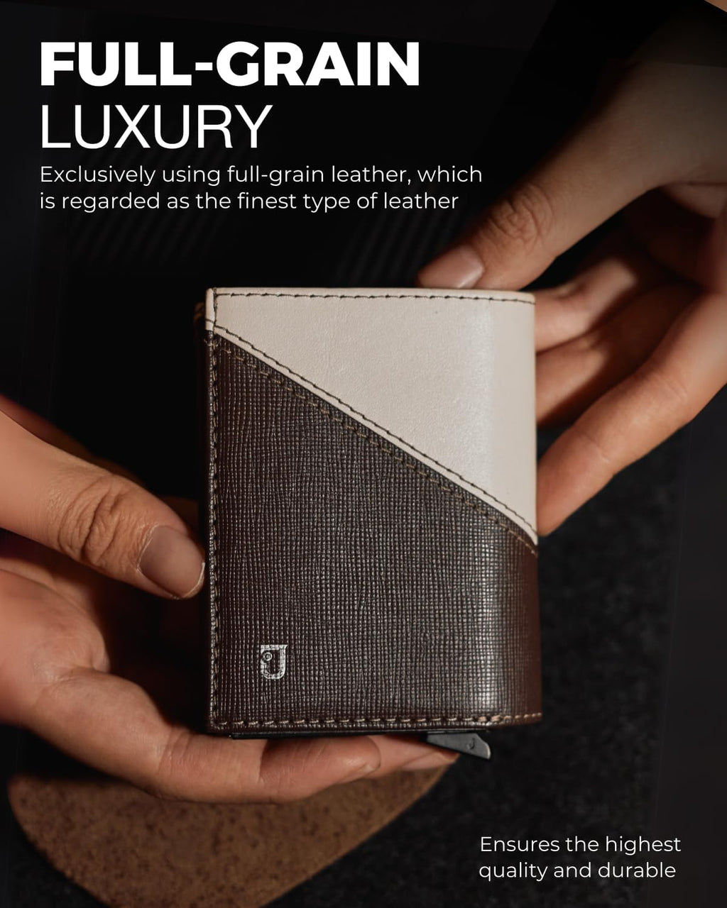 Jenoss Smart Wallet For Men: Full Grain Leather, Handcrafted, Slide Metal Pop Up Case, Slim RFID Blocking Credit Card Holder, Compact 12 Cards Slot Organizers, ID, Money Clip (Brown & Cream)