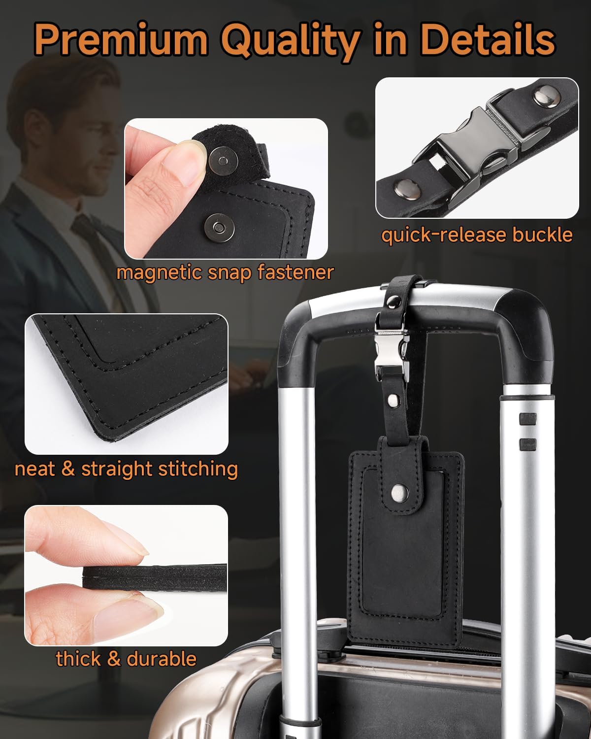 Premium Genuine Leather Luggage Tags for Suitcases - Quick Release, Privacy Protection, Elegant and Durable, Travel Essential Luggage Tag - 2 Pack Black