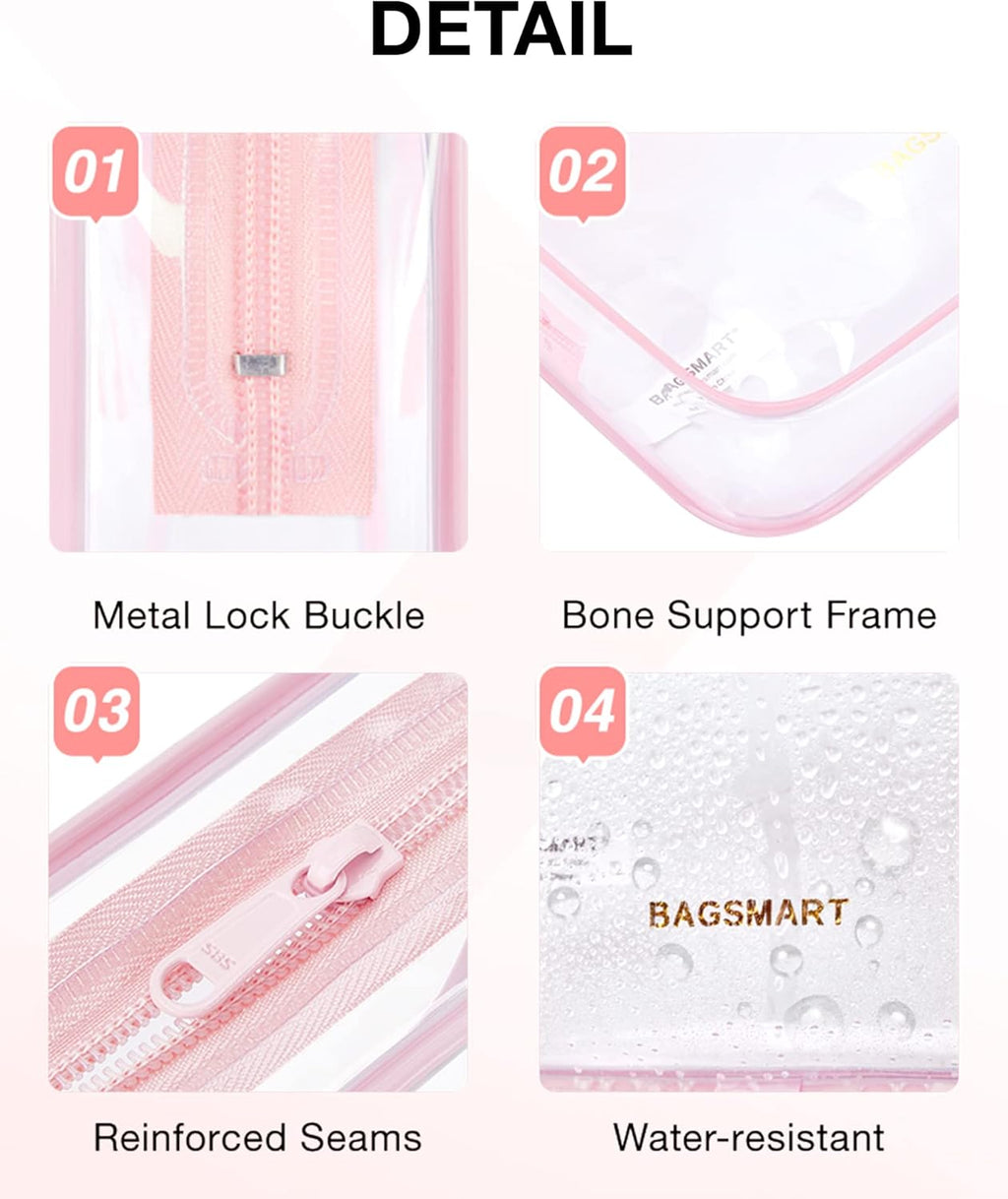 BAGSMART Clear Toiletry Bag, 2 Packs TSA Approved Water resistant Quart Size Travel Organizer, Airport Airline Travel Essential Carry On Makeup Cosmetic Bags for Women, Pink