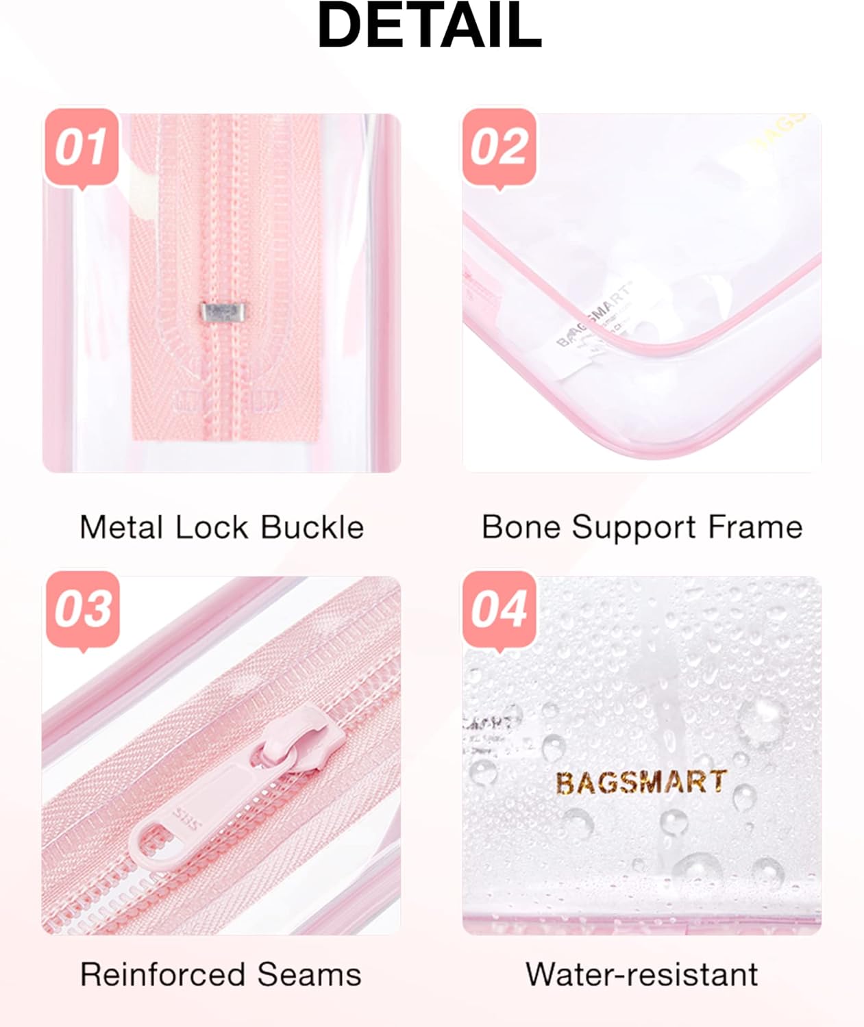 BAGSMART Clear Toiletry Bag, 2 Packs TSA Approved Water resistant Quart Size Travel Organizer, Airport Airline Travel Essential Carry On Makeup Cosmetic Bags for Women, Pink