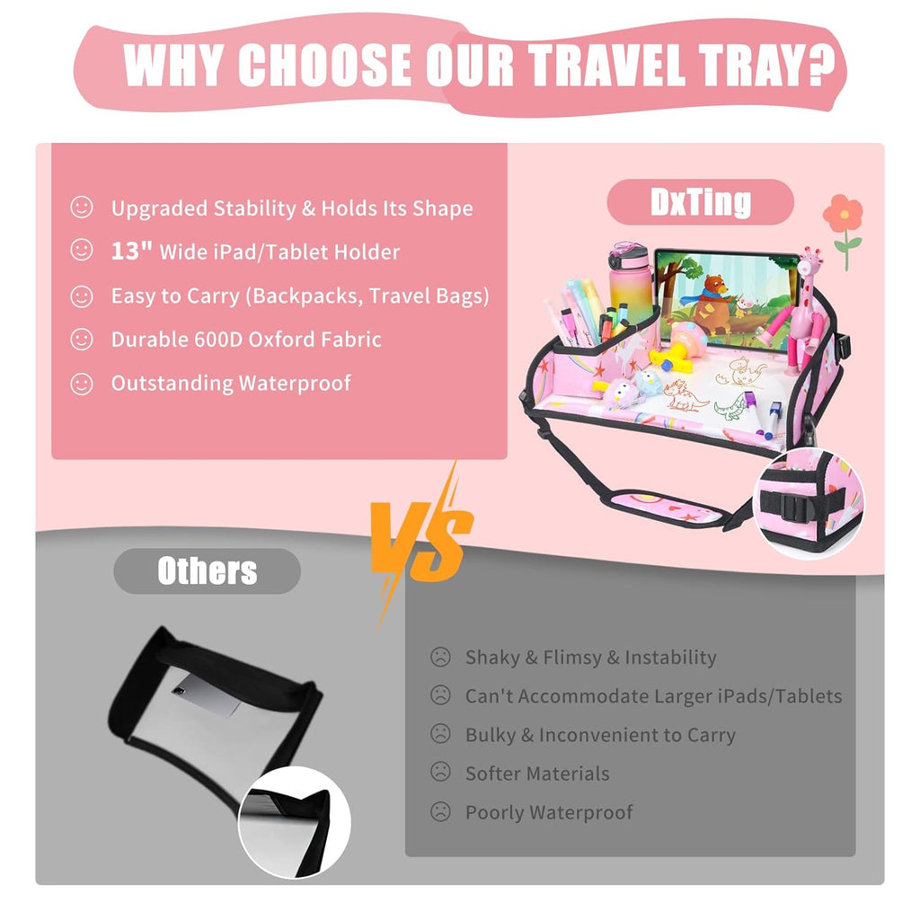 Kids Travel Tray for Car Airplane - Car Seat Tray for Kids Travel, Toddler Carseat Lap Table, Road Trip Essentials, Lap Desk for Kid Roadtrip Activities, Pink Unicorn