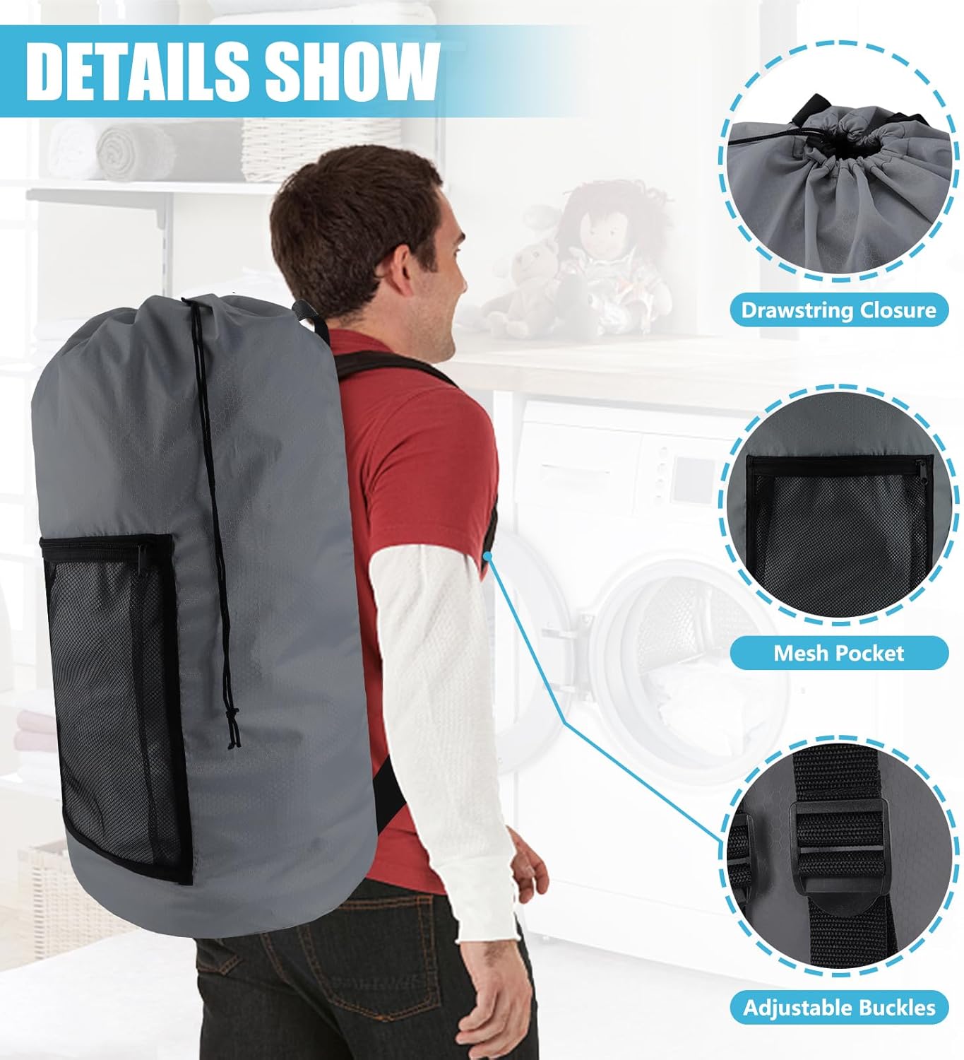 Laundry Bag Backpack, Extra Large Travel Laundry Bag with Mesh Pocket & Adjustable Shoulder Straps,Dirty Clothes Travel Bag for College Students Dorm,Apartment(Grey)