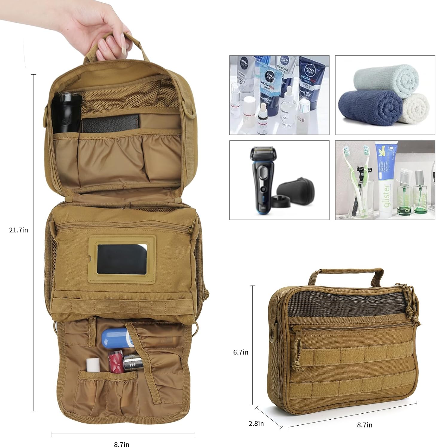 Toiletry Bag for Men, Travel Hanging Hook Toiletry Bag, Spacious Portable Organizer Dopp Kit Shaving Bag for Toiletries Makeup Accessories Tactical Essentials - Khaki