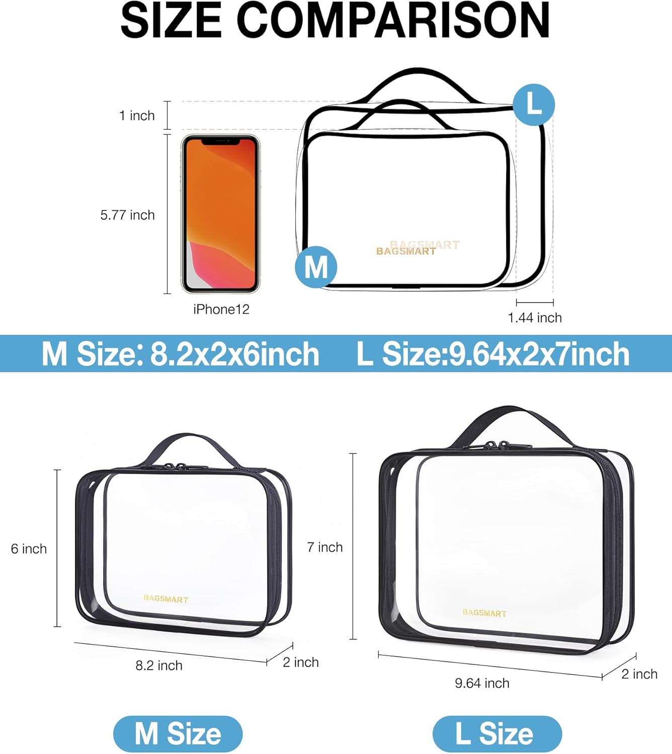 BAGSMART TSA Approved Clear Toiletry Bag, 2 Packs Quart Size Water Resistant Makeup Cosmetic Bags for Women, 2 Sizes Airport Airline Travel Essential Carry On Organizer with Handle Large Opening