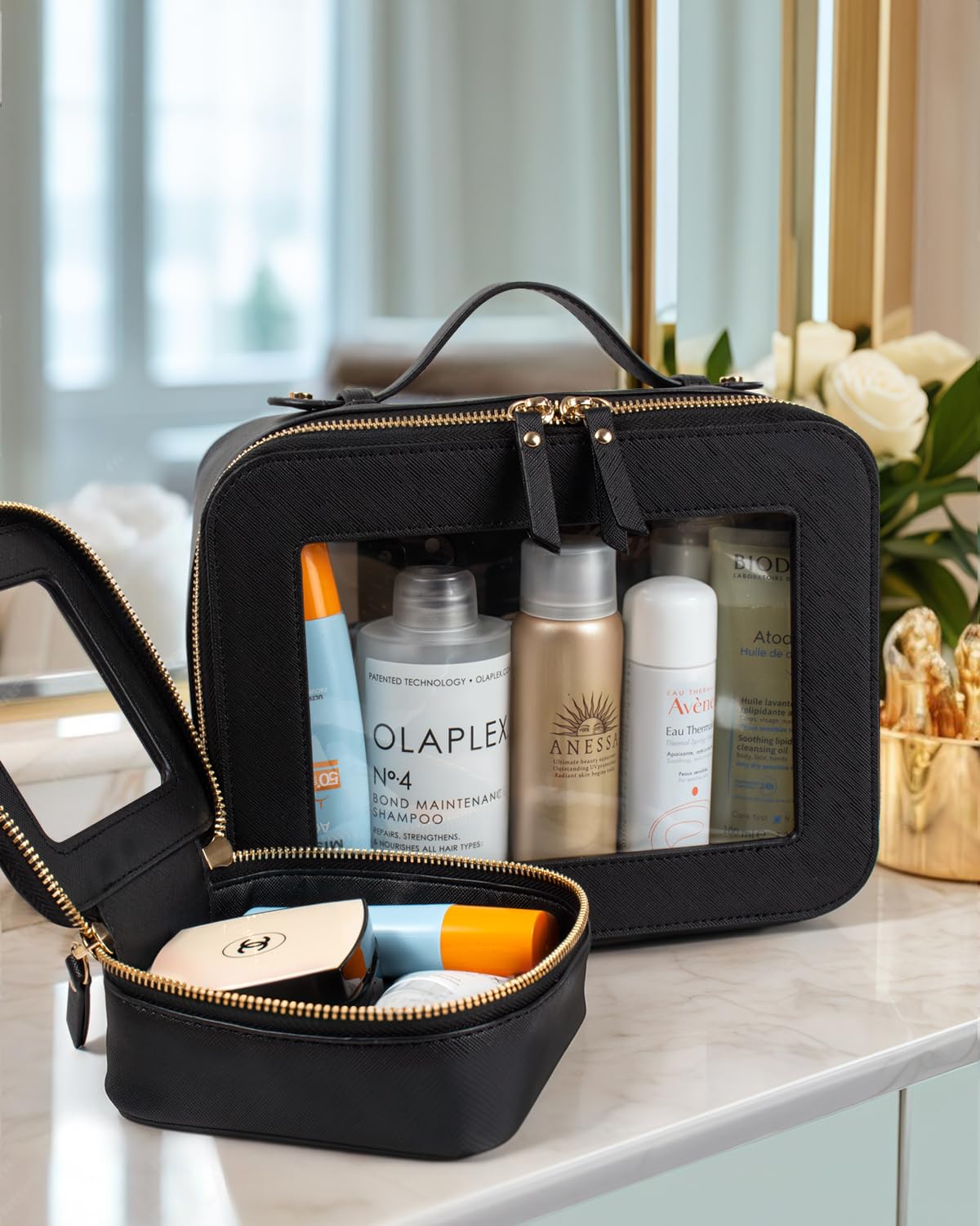 LETGO Clear Makeup Bags Set - TSA Approved Toiletry Bag with Handle Large Opening, Clear Toiletry Bags Case Pouch for Traveling Travel Car Orangizer Storage Essentials (Mini+Large Black)