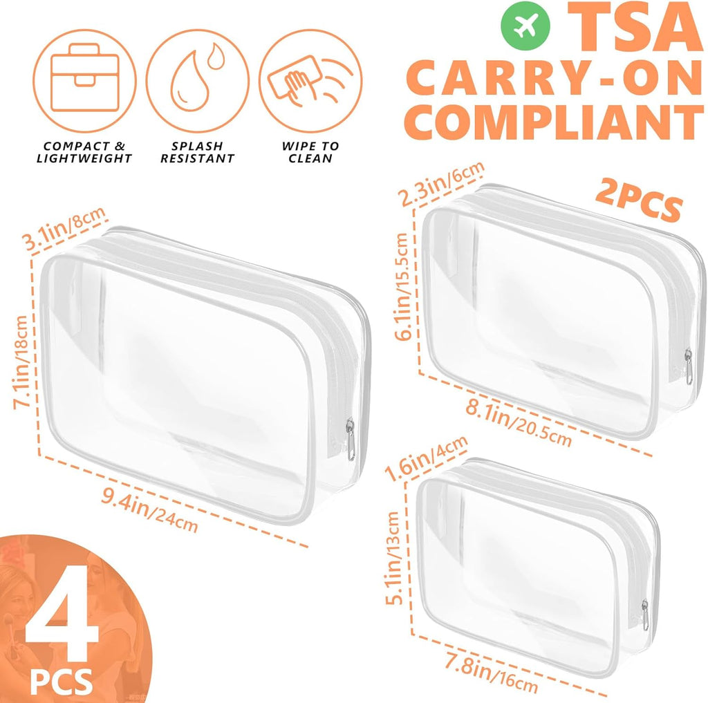 AURUZA 4 Pack Clear Toiletry Bag, Portable Travel Makeup Pouch with Zipper, TSA Approved Organizer, PVC Cosmetic for Airport Airline Compliant