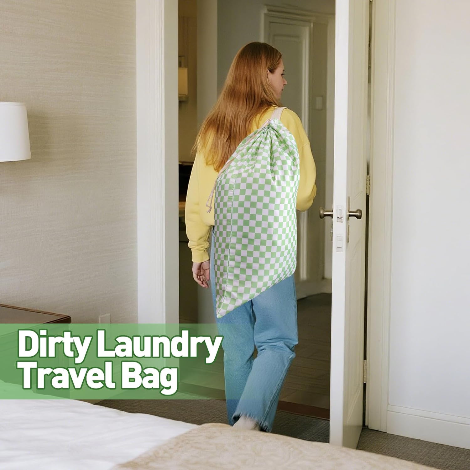 Laundry Bag, Dirty Backpack Laundry Bag For College Travel Laundromat Apartment, With Handles 29" X 18" (Green White Checkered)